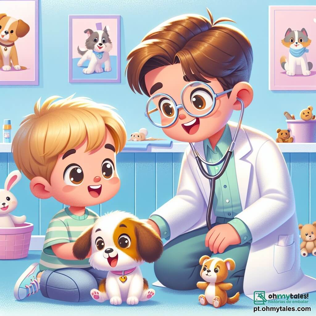 Um veterinário homem, Dr. Rafael, sorridente e gentil, usa um jaleco branco e um estetoscópio ao redor do pescoço. Ele tem cabelos castanhos e óculos redondos, e está agachado, examinando um filhote de cachorro com grandes orelhas, que parece alegre e curioso. Ao lado dele, Lucas, um menino de cinco anos com cabelos loiros e olhos brilhantes, segura um urso de pelúcia nos braços, observando atentamente o veterinário com um sorriso encantado. A cena acontece em uma clínica veterinária iluminada e acolhedora, com paredes pintadas de azul pastel, cartazes de animais fofos e brinquedos para animais espalhados pelo chão. Dr. Rafael explica com entusiasmo como cuidar dos animais, enquanto Lucas escuta com fascinação, os olhos bem abertos, pronto para aprender todos os segredos para fazer os animais felizes e saudáveis.