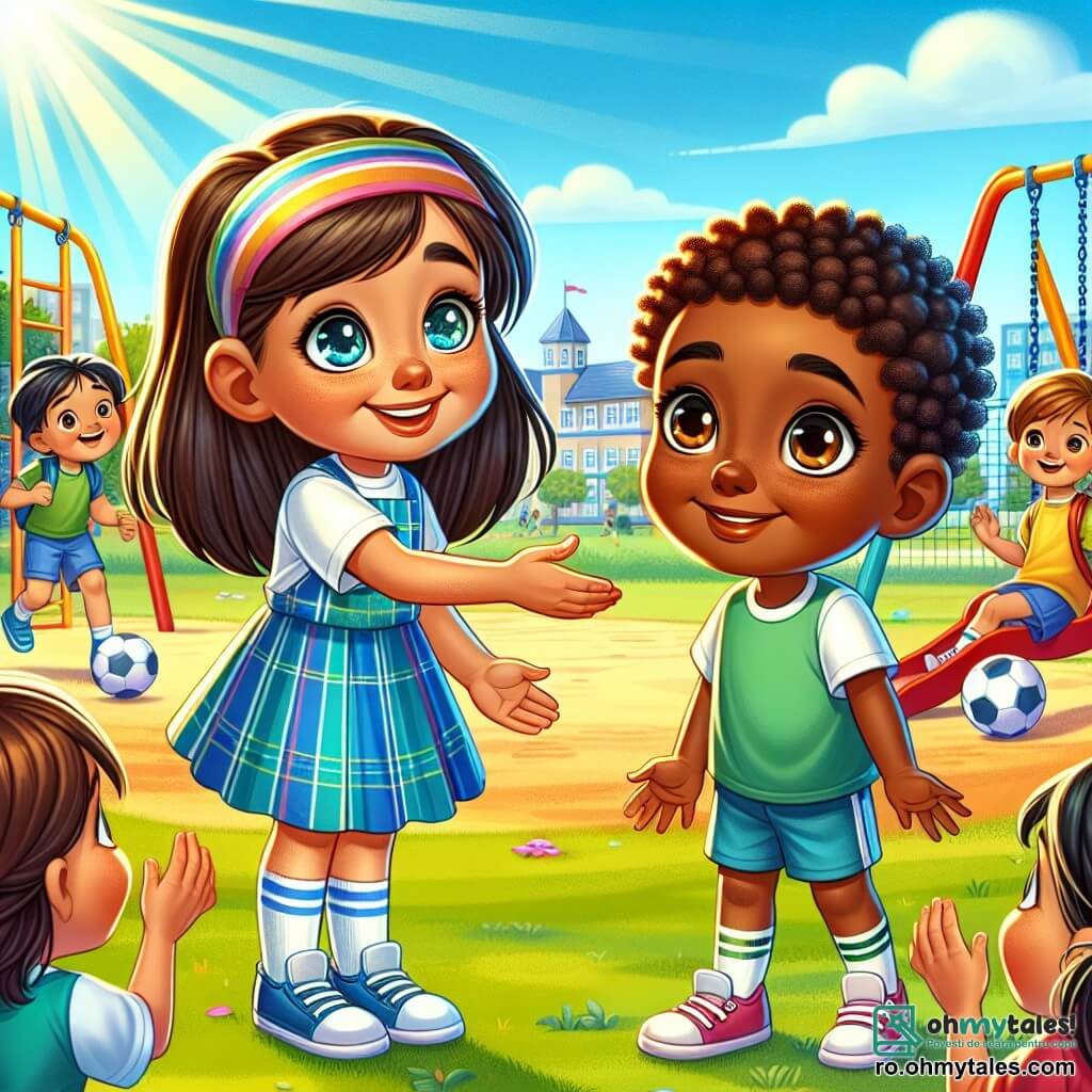 O fetiță de 8 ani, Maria, cu părul lung și brunet și ochi strălucitori, se află în centrul imaginii, zâmbind și plină de determinare. Ea poartă o uniformă școlară colorată, cu o fustă albastră și un tricou alb, și își întinde mâna către un nou coleg, Alex, cu o privire prietenoasă și încurajatoare. Lângă ea, Alex, un băiat de 8 ani cu părul creț și o piele mai închisă, o privește pe Maria cu un zâmbet timid, ochii săi strălucind de recunoștință. El poartă un tricou verde și o pereche de pantaloni scurți și pare fericit că este inclus în joc. În fundal, terenul de joacă al școlii este plin de culori vii: leagăne, un tobogan și copii care se joacă fotbal. Cerul este albastru și însorit, creând o atmosferă veselă și primitoare. Scena îi arată pe Maria și Alex jucându-se împreună, înconjurați de alți copii, ilustrând un moment de camaraderie și acceptare, unde diversitatea este celebrată și prietenia triumfă asupra prejudecăților.