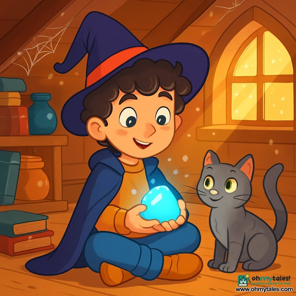 A young wizard named Eliot, a 10-year-old boy with curly hair and stormy gray eyes, is sitting cross-legged on the floor of his attic. His face shows curiosity and wonder as he holds a shining stone in his hands, illuminated by a soft blue glow. Beside him, a gray cat named Fig, with sparkling green eyes, lazily stretches, watching her friend with an attentive expression. In the background, the attic is filled with old books, mysterious jars, and shimmering cobwebs, with a beam of golden light filtering through a dusty window. The main scene depicts Eliot discovering the magic of patience, mesmerized by the glowing stone that seems to vibrate with energy, while dust motes dance around them, creating an enchanted atmosphere.