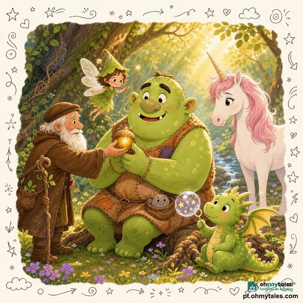 Um ogro chamado Tito, grande e redondo, pele verde-clara com manchas, nariz largo e sobrancelhas suaves, expressão feliz, sentado sobre uma raiz segurando uma pequena bolota dourada; veste uma túnica de lã remendada e tem uma pedra sorridente no bolso; ao seu ombro flutua Lili, uma fada muito pequena, asas translúcidas cintilantes e chapéu de folha, sorrindo e agitando uma varinha; à frente está Avô Carvalho, homem idoso de barba branca, casaco marrom e rosto enrugado e benevolente, apoiado num cajado, estendendo a bolota; perto do riacho está a unicórnio Nuvem, pelo branco nacarado e crina rosa, olhar terno; o pequeno dragão Pipo, escamas verde-maçã e brincalhão, sopra uma bolha de sabão em forma de estrela; clareira numa floresta antiga com relva macia, flores roxas e amarelas, raízes entrelaçadas e um raio de sol dourado iluminando; atmosfera acolhedora e mágica, cores em tons pastel, texturas suaves, traços arredondados, composição centrada no círculo de personagens e sensação de amizade e doçura.