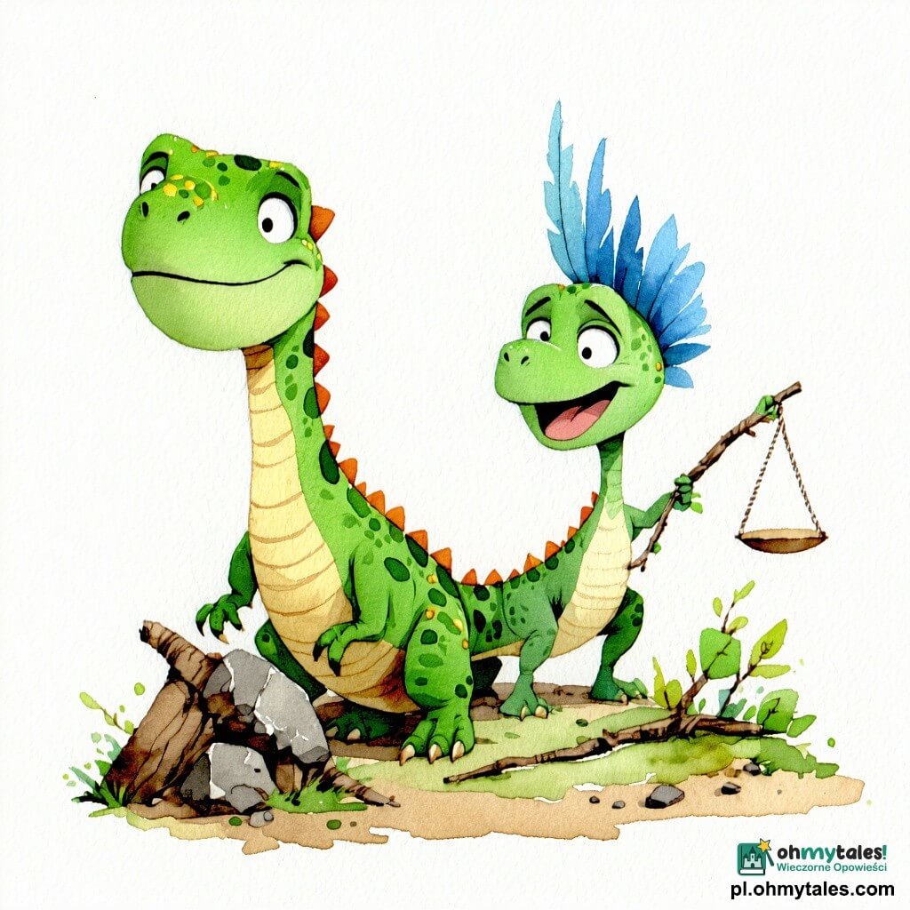 Młody welociraptor Velcia, ciekawy i dumny, patrzy w dół i się uśmiecha, ma zielone łuski przypominające liście, krótkie pióra na ogonie i duże, błyszczące oczy, jedną łapę na starej znalezionej łusce; obok, lekko z tyłu po prawej, stoi Dilo — pomysłowy mały dinozaur z niebieskim grzebieniem i długą szyją, śmieje się i macha gałęzią jak flagą; na wietrznym płaskowyżu są zaokrąglone szare skały, kępy pożółkłej trawy i wirujące suche liście, w tle widać wejście do starej ścieżki ukrytej między gęstymi krzakami; scena odkrycia — Velcia znajduje ukryty stopień prowadzący do sekretnej doliny; miękkie zmierzchowe światło, ciepłe kolory i faktura gwaszu, atmosfera zachwytu i przygody.