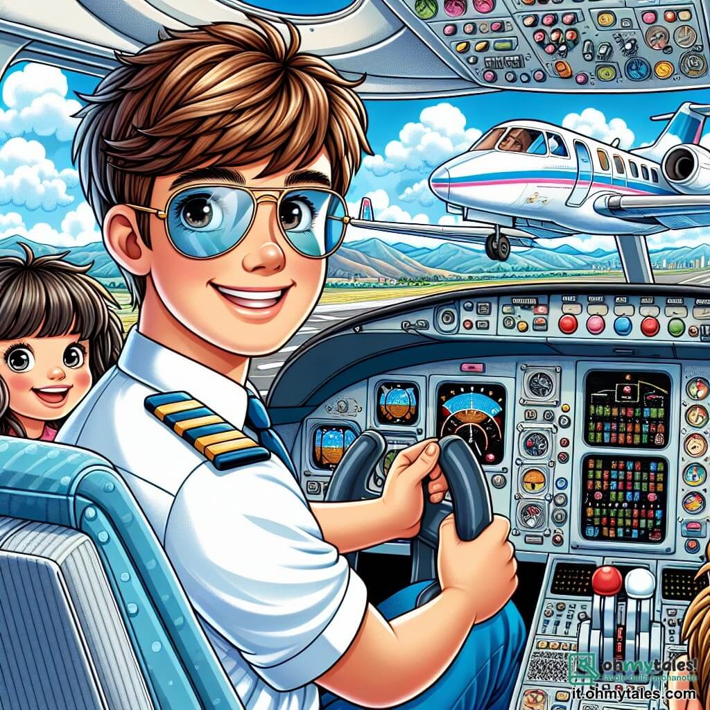 Un pilota sorridente, con capelli castani e occhiali da sole, indossa una tuta da pilota blu brillante. È seduto nella cabina di pilotaggio di un elegante bimotore bianco e blu, con le mani sul volante e un'espressione di eccitazione e orgoglio sul volto. Sullo sfondo, due bambini, un ragazzo di otto anni di nome Luca, con capelli neri disordinati e una maglietta rossa, e una ragazza di sei anni di nome Sara, con lunghi capelli biondi e un vestito rosa, guardano fuori dai finestrini con occhi sgranati, meravigliati dalla vista. La cabina è piena di pulsanti colorati e strumenti brillanti, mentre all'esterno il cielo è di un blu intenso, punteggiato da alcune nuvole bianche e soffici. Sotto di loro si estende un paesaggio magnifico, con montagne maestose e fiumi scintillanti. La scena principale mostra il pilota che sta decollando, pronto a portare i bambini in un'avventura indimenticabile nei cieli, mentre si meravigliano della bellezza del mondo sottostante.