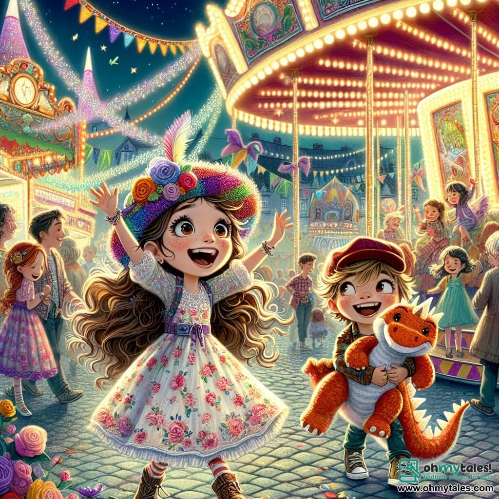 An 11-year-old girl, Lila, stands center stage, her eyes sparkling with excitement and a big smile on her face. She has long wavy brown hair adorned with a colorful rainbow hat and wears a light floral-patterned dress. Lila is jumping for joy, arms raised to the sky, surrounded by bright colors. Next to her, Max, an 11-year-old boy with messy blonde hair and a red cap, holds a huge stuffed dragon under his arm. He has a look of wonder and laughter, showing his enthusiasm for the adventure ahead. The setting is an enchanted carnival, with stalls decorated with fairy lights and colorful balloons. Sparkling rides spin in the background as families enjoy themselves and street performers entertain the crowd. The main scene shows Lila and Max discovering a mysterious path lined with twinkling lights leading to a magical carousel filled with fantastic creatures, ready to take them on an incredible adventure.