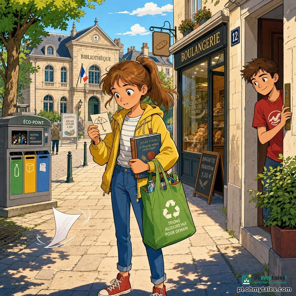 Lia, menina de 12 anos, rosto expressivo, olhos grandes e brilhantes, cabelo castanho claro preso em rabo de cavalo, veste jaqueta amarela e jeans azul, segura uma sacola de reciclagem verde numa mão e um livro de biblioteca sob o outro braço, lê um bilhete com um desenho de guarda-chuva sorridente, expressão curiosa e determinada, postura pronta para partir; Caio, garoto de ~13 anos, cabelos curtos castanhos, camiseta vermelha, aparece atrás da porta do prédio à direita, observando Lia com sorriso malicioso e mão no batente; rua iluminada com calçadas de paralelepípedos, árvores com folhas em aplique verde, padaria com fachada de vidro à direita, eco-ponto metálico à esquerda com pequenas pilhas e recipientes coloridos, biblioteca de pedra clara ao fundo; cena de partida com uma folha de papel soprada pelo vento, luz quente de fim de tarde e sombras longas, atmosfera de descoberta e mistério leve, cores vivas e contornos nítidos em estilo banda desenhada franco-belga.