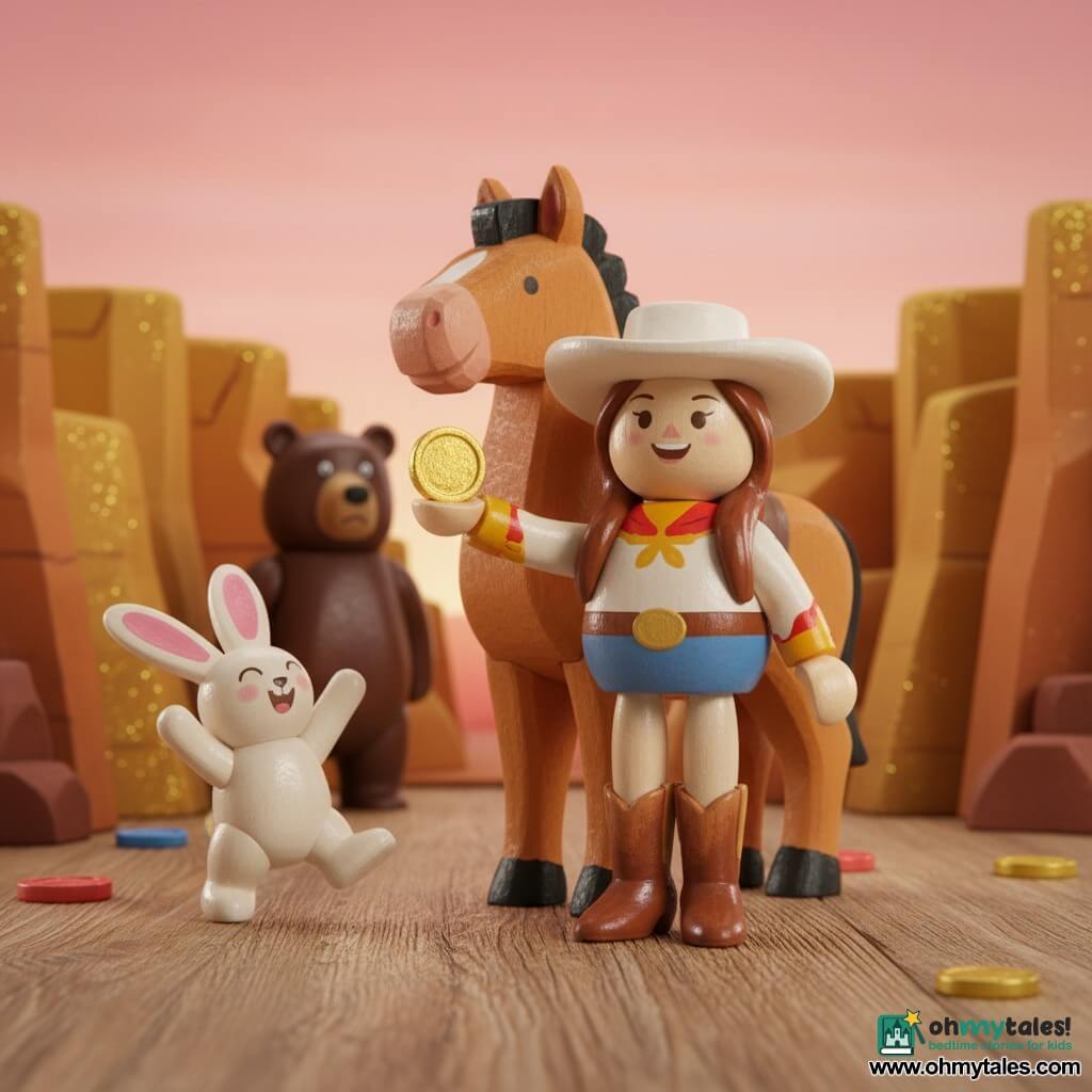 Annie is a smiling, confident female cowgirl wooden figure with a white painted hat, shiny boots and long brown painted hair, proudly holding a small wooden gold coin; Benny is a male wooden horse with a caramel body and black mane standing just behind her supportively; Ruby is a small female wooden rabbit, white with large pink ears, joyfully hopping beside Annie with a paw raised toward the treasure; a secondary male wooden bear, large and dark, stands grumpy but not threatening at the canyon entrance, apart from the group; the setting is a miniature wooden-and-cardboard canyon painted gold and ochre with glittering rocks and scattered wooden coins and gems under a pink-orange sunset sky; the centered scene shows the trio at the canyon entrance with Annie brandishing the coin like a victory, warm sunset light on their faces, a joyful, safe atmosphere, warm contrasting colors and visible wood textures.