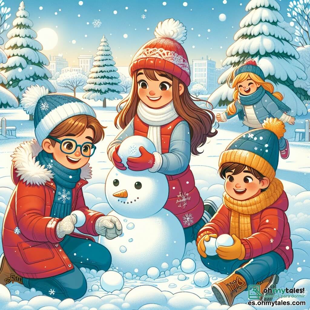 En un parque invernal, tres amigos se reúnen para jugar en la nieve. Clara, una niña de 11 años con largos cabellos castaños y gafas, lleva un abrigo rojo brillante y un gorro de lana. Está haciendo una bola de nieve para construir un muñeco de nieve. A su lado, Lucas, un niño de 11 años con cabello corto y rubio, está sentado en su silla de ruedas, sonriendo y sosteniendo un libro sobre la nieve. Finalmente, Tomás, un niño de 8 años con cabello castaño y mejillas sonrosadas, se desliza por una pequeña colina de nieve, riendo a carcajadas. El parque está cubierto de un espeso manto de nieve brillante, con árboles majestuosos cargados de copos blancos. El cielo es de un azul claro, salpicado de algunas nubes esponjosas, y el sol brilla, iluminando la escena con una suave luz dorada. Los tres amigos se divierten juntos, creando un muñeco de nieve mientras comparten risas y descubren la magia del invierno.