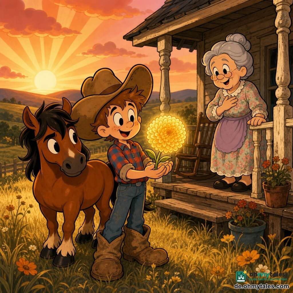 Ein Junge, Benni, 10–12 Jahre, rundes Gesicht, Sommersprossen, zu großer Cowboyhut, rot-blau kariertes Hemd, staubige Stiefel, fröhlich und stolz, glänzende Augen, hält behutsam eine große goldgelbe Blume („Sonnenkugel“), die sanft leuchtet; ein Pony namens Blitz, klein und kräftig, glänzendes rehbraunes Fell, zerzauste Mähne, steht direkt hinter Benni, Ohr zu ihm gedreht, schützend; eine Großmutter, etwa 70–80 Jahre, graue Haare im Dutt, pastellblumenkleid, weiche Falten um die Augen, wartet lächelnd und gerührt auf der verwitterten Holzveranda mit verblassten Blumenkübeln und Schaukelstuhl, eine Hand auf der Brust; im Vordergrund eine goldene Wiese, im Hintergrund Dämmerungshimmel mit orangenen Strahlen und rosa Wolken; Hauptsituation: Benni reicht die leuchtende Blume seiner Großmutter bei Sonnenaufgang, warme, zärtliche Stimmung, klare Komposition, weiche Kontraste, warme Farben (Gelb, Orange, Braun), runde expressive Formen, einfache Schatten und dicke schwarze Konturen.