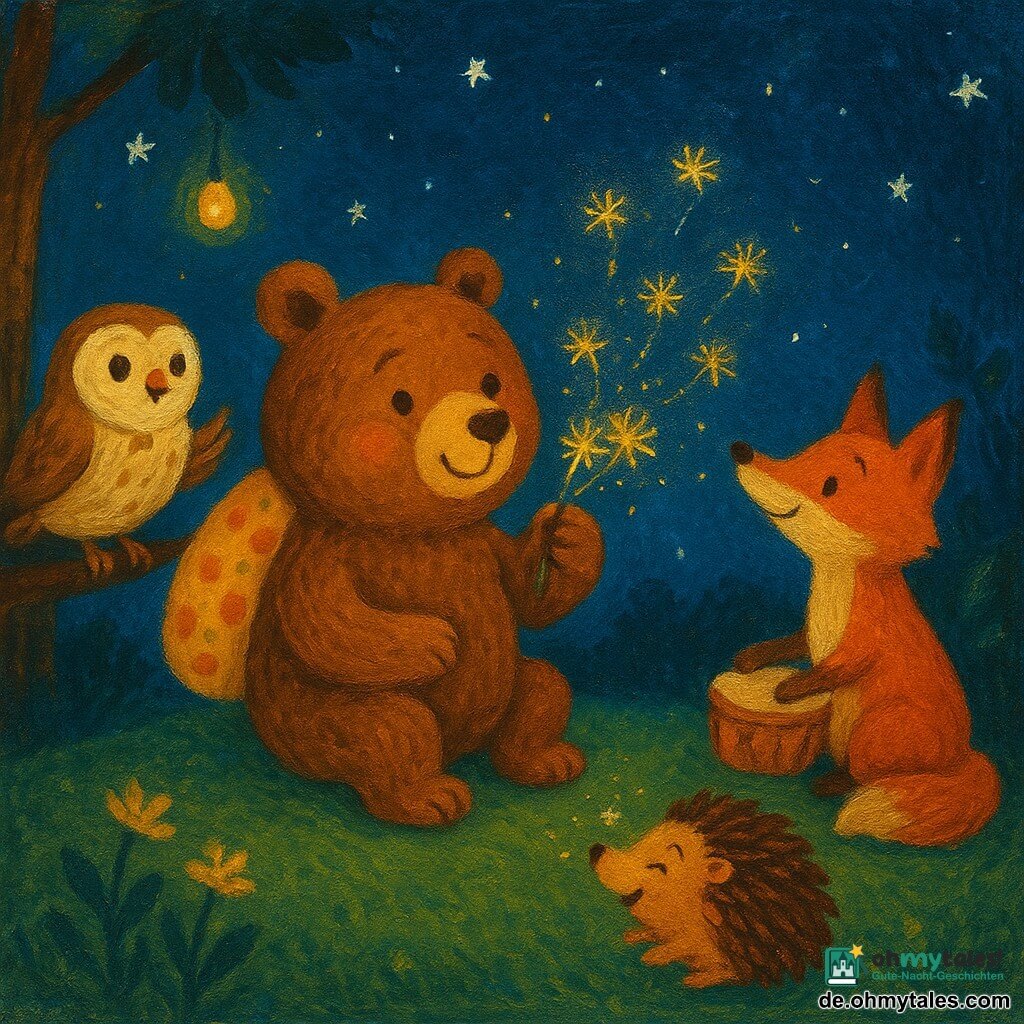 Ein rundlicher, schüchterner Braunbär mit gouache-artigem Fell und glänzenden runden Augen sitzt auf einer moosigen Hügelkuppe und hält ein kleines Bündel goldener Pusteblumenflocken, die er sanft auspustet; sein Gesicht zeigt ein blasses Lächeln und rosige Wangen. Gegen seine linke Schulter lehnt ein gepunktetes, lebhaftes Samtkissen mit kleinen gelben Sonnenmustern, das zu zittern und zu kichern scheint. Rechts vorn rollt ein stachliger Igel mit funkelnden Augen zusammen, streckt neugierig die Nase zu den leuchtenden Flocken und niest dabei winzige Sternchenstaubwolken. Auf einem niedrigen Ast links sitzt eine rundliche Eule mit creme- und bräunlich gemalten Federn, Bewunderung im Blick und leicht ausgebreiteten Flügeln, während weiter hinten ein schlanker Fuchs mit sichtbaren Pinselstrichen im rotbraunen Fell schüchtern lächelt und die Pfoten auf eine kleine Holztrommel legt. Schauplatz: eine sanfte Nachtlichtung mit moosigem Gras in Tannengrün und Minzetönen, schwebenden Glühbirnen-ähnlichen Glühwürmchen, indigoem Sternenhimmel und vereinfachten Blumen sowie rauhen Baumstämmen; die Hauptszene zeigt ein leises Feuerwerk aus wirbelnden goldenen Pusteblumenflocken, gedämpfte Beleuchtung, warme, komische Atmosphäre und zarte Gesten des Teilens und der Überraschung.