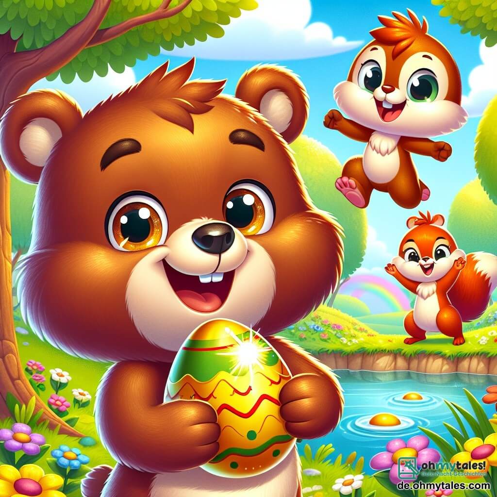 Ein kleiner brauner Bär namens Bruno mit einem weichen Fell und funkelnden Augen steht am Ufer eines wunderschönen Teichs und hält ein goldenes Osterei in seinen Pfoten. Er lächelt breit, voller Aufregung und Stolz. Neben ihm springt ein kleines Eichhörnchen namens Mia mit rotem Fell und schelmischen Augen vor Freude, ihre kleinen Pfoten in die Luft erhoben. Ein kleiner Vogel namens Max mit gelben Federn und einem spitzen Schnabel sitzt auf einem Ast direkt über ihnen, singt fröhlich und schaut bewundernd auf das Ei. Die Szenerie zeigt eine charmante Frühlingslandschaft: bunte Blumen blühen um den Teich, Sonnenstrahlen filtern durch die Blätter der Bäume, und ein Regenbogen funkelt am blauen Himmel. Die Hauptsituation zeigt Bruno und seine Freunde, die ihren Erfolg feiern, nachdem sie das goldene Ei gefunden haben, umgeben von der Schönheit der Natur, bereit, gemeinsam Ostern zu feiern.