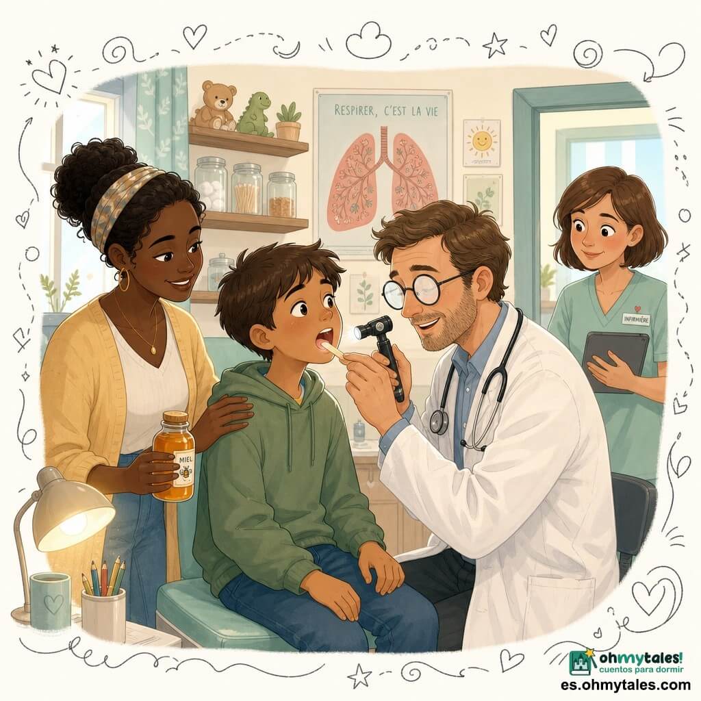 Médico hombre de 35-45 años, sonriente pero concentrado, rostro suave con gafas redondas empañadas, bata blanca algo arrugada, con otoscopio/linterna en una mano y estetoscopio al cuello; niño de unos 11 años, pelo castaño corto, mochila en el suelo, algo inquieto pero tranquilo, sentado en la silla de examen con la boca abierta; madre de 35-40 años, pelo recogido, aliviada, de pie a la izquierda con la mano en el hombro del hijo y una pequeña botella de miel en la otra; enfermera mujer de unos 30 años, pelo corto y sonriente, en el marco de la puerta a la derecha con una tablet lista para ayudar; consulta médica cálida y colorida con paredes crema, pósteres de anatomía estilizados, estanterías de madera con frascos y juguetes, cortina con motivos, lámpara cálida y ventana que deja entrar luz suave; escena principal: examen calmado y reconfortante del médico auscultando la garganta del niño mientras la madre vela y la enfermera observa, atmósfera amable, texturas suaves y paleta pastel, plano cercano medio-busto centrado en el trío con luz cálida en los rostros.