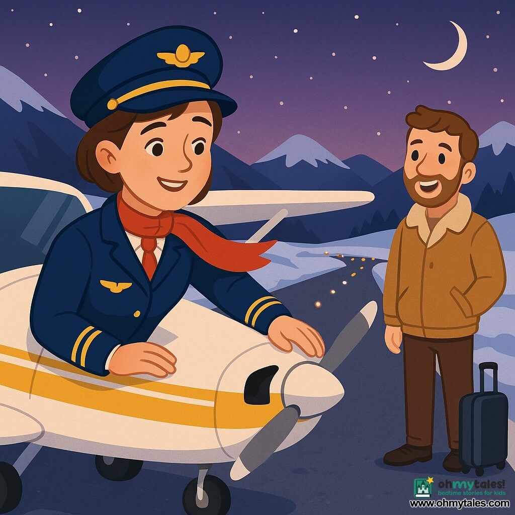 Female pilot (Captain Ellie), ~32, smiling with bright eyes, short brown hair under a pilot cap, navy flight jacket with gold insignia, red scarf fluttering, hand on the dashboard and gently caressing her small white-and-yellow single-engine plane; male co-pilot (Sam), ~30, cheerful with light beard, beige aviator coat, standing by the right wing smiling at the pilot with a light suitcase at his feet; snowy mountain runway at dusk with gray asphalt, snow-covered edges, orange approach lights, dark mountains, violet starry sky and a slim silver moon; scene shows the plane just landed, slightly tilted on the runway, the two characters interacting warmly, calm atmosphere, soft lighting from approach lights and moon, bright contrasting colors, clear simple shapes and subtle shadows, wide framing including plane, characters and night landscape.