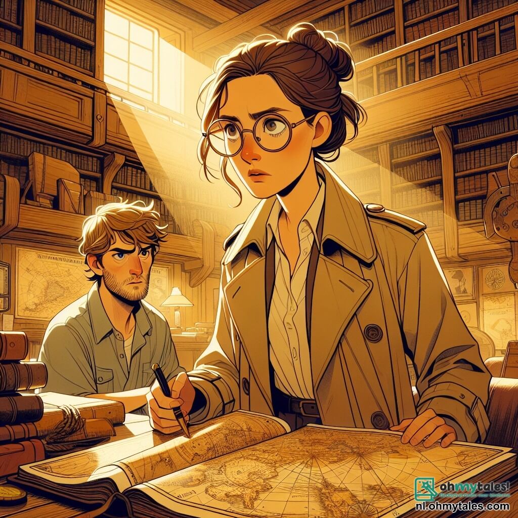 Een vrouwelijke detective, Lotte, ongeveer 30 jaar oud, met bruin haar in een knot en ronde bril, toont een intense vastberadenheid op haar gezicht. Ze draagt een beige trenchcoat en houdt een notitieboekje in één hand terwijl ze aandachtig naar een oude zeekaart kijkt. Naast haar staat een man van rond de dertig, Tom, met rommelig blond haar en een casual t-shirt, die Lotte met een bezorgde uitdrukking aankijkt, alsof hij vreest voor wat ze gaan ontdekken. Op de achtergrond is er een oude maritieme bibliotheek met houten boekenplanken vol oude boeken, zeekaarten aan de muren en een gouden licht dat door de stoffige ramen filtert. De hoofdscène toont Lotte en Tom die een mysterieuze kaart ontcijferen die hen naar de waarheid over de verdwijning van Emma zou kunnen leiden, omgeven door een sfeer van spanning en avontuur.