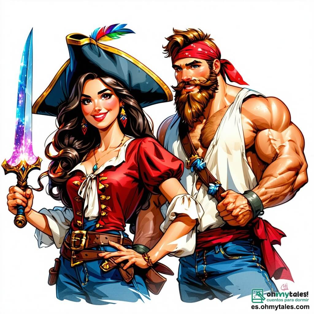 La escena representa a la capitana Sofía, una mujer valiente de unos treinta años, con cabello largo y ondulado, que lleva un sombrero de pirata adornado con una pluma colorida. Su rostro expresa determinación y emoción mientras empuña una espada brillante, lista para enfrentar el peligro. A su lado está Lucas, un hombre musculoso de unos 35 años, con barba roja y un pañuelo en la cabeza, que se sostiene firmemente en el timón del barco, con los ojos fijos en el horizonte, preparado para navegar hacia la aventura. Marina, una joven de unos 25 años, con cabello corto y un uniforme de marinero, examina un mapa del tesoro, con aire concentrado, sentada en la cubierta junto a Sofía. El lugar de la escena es la cubierta del barco "La Liberté", un barco de madera robusto, con velas blancas hinchadas por el viento. Al fondo, se ve un cielo azul salpicado de nubes blancas, mientras olas brillantes se estrellan contra el casco del barco, evocando la emoción de una aventura en el mar. La situación principal muestra a Sofía y su tripulación preparándose para enfrentar al temible capitán Garfio, mientras divisan su barco a lo lejos, señalando el comienzo de una batalla épica por recuperar el tesoro robado.