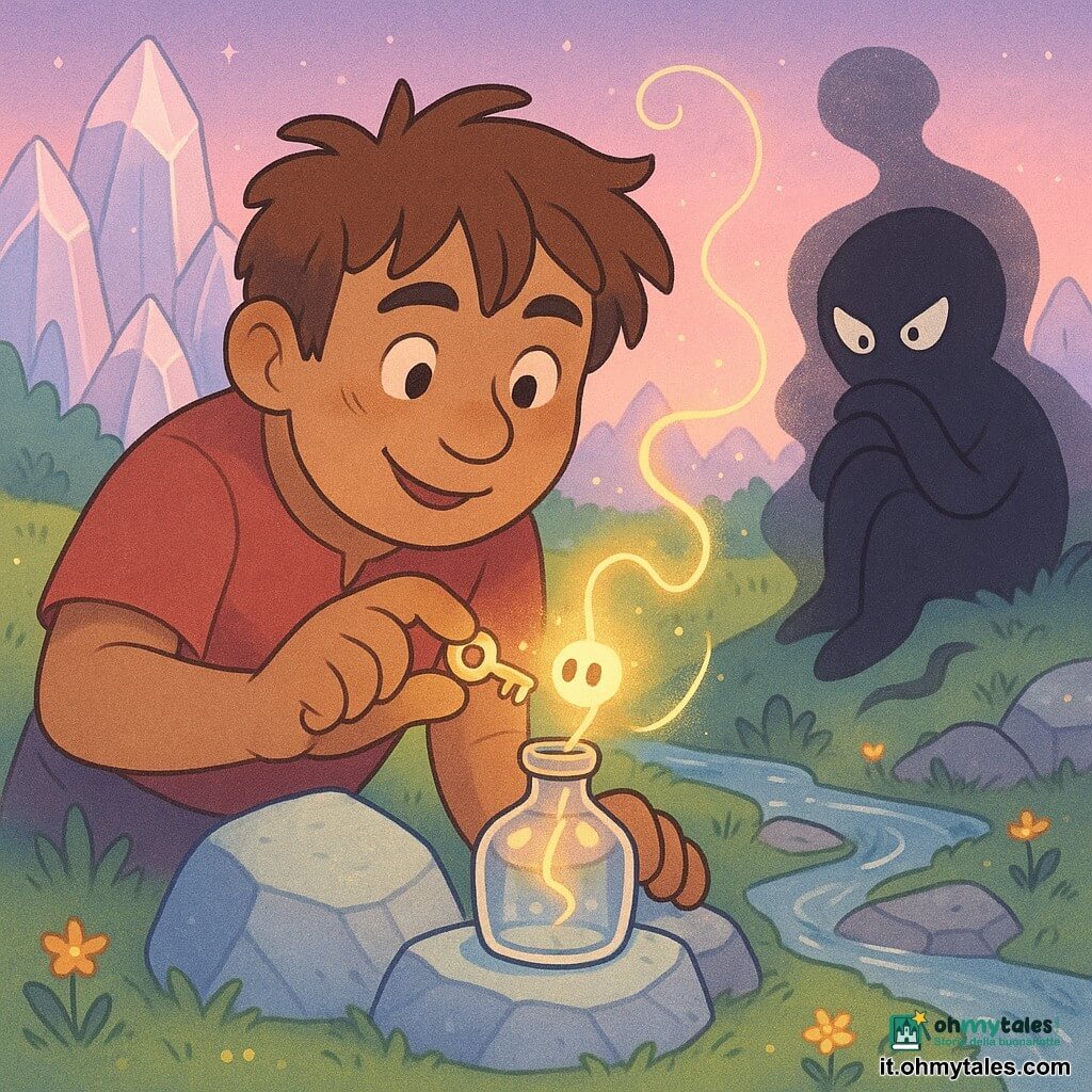 Un uomo di nome Elio, volto rotondo, capelli castani scompigliati, occhi curiosi e sorriso deciso, tiene una piccola chiave luminosa e la avvicina a una bottiglia di cristallo poggiata su due pietre di quarzo; una creatura di luce chiamata Lume, un filo di luce dorata con due occhi brillanti, fluttua sopra l’apertura tremando di speranza; un’Ombra, forma scura allungata come fumo, si accuccia dietro una pietra osservando la scena; sullo sfondo una valle di cristallo con montagne traslucide, prato brillante e un ruscello; Elio infila la chiave nel tappo d’argento, la bottiglia si illumina, Lume sfugge in vortici di luce e l’Ombra indietreggia, atmosfera calda e colori pastello.