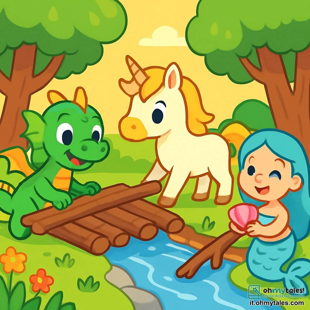 Un piccolo drago di nome Lumo, con squame verdi brillanti e occhi scintillanti di gioia, sta costruendo un ponte di legno sopra un ruscello. Sorride con entusiasmo, con le sue piccole ali spiegate dietro di lui. Accanto a lui, Nori, un maestoso unicorno con crini dorati scintillanti, osserva con determinazione, i suoi grandi occhi blu pieni di orgoglio. Spinge rami con le sue delicate zampe, pronta ad aiutare il suo amico. Silla, una sirena con squame argentate, si trova vicino al ruscello, tenendo una conchiglia rosa, il suo viso radioso di felicità. Sorride incoraggiando i suoi amici a lavorare insieme. Il luogo è un magnifico bosco verdeggiante, con alberi dai tronchi spessi e foglie brillanti sotto il sole. Il ruscello canta dolcemente, serpeggiando tra le pietre lisce e i fiori colorati che bordano le sue rive. La scena principale mostra Lumo, Nori e Silla uniti in uno sforzo gioioso per costruire il loro ponte, illustrando l'importanza dell'uguaglianza e della collaborazione, con colori vivaci e espressioni felici sui loro volti.