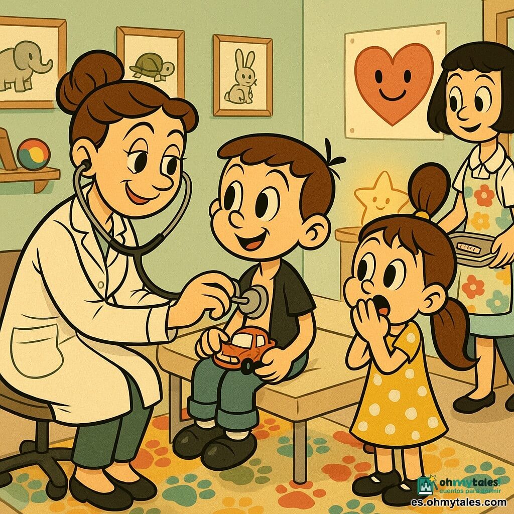 La doctora Lucía, mujer adulta sonriente con cabello castaño recogido y bata blanca, escucha el corazón de Mateo con un gran estetoscopio redondo; Mateo, niño de unos 7 años con cochecito rojo, está sentado en la camilla sonriendo, y Valentina, de unos 5 años con coleta y vestido amarillo de lunares, mira maravillada y escucha el estetoscopio sobre el pecho de su hermano; la enfermera Clara, de unos 30 años y delantal colorido, coloca afteritos decorados en una bandeja; la consulta es luminosa y acogedora con paredes pastel y dibujos de animales, estanterías con libros y juguetes, alfombra multicolor, póster de un corazón sonriente y una lámpara de estrella; escena principal: la doctora oye el “dragón” del corazón de Mateo en un ambiente dulce y tranquilizador, colores vivos, líneas curvas y estilo rubber hose con texturas simples.