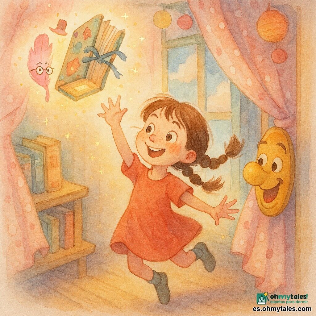 Niña de 8 años con coletas castañas, cara redonda con pecas, ojos grandes y sonrisa traviesa; sostiene una pluma rosa brillante y salta para alcanzar un libro alegremente decorado. Una pluma rosa personificada flota sobre su palma, lleva pequeñas gafas y un minúsculo sombrero y emite un suave resplandor. Un libro viejo y rechoncho, cubierto de pegatinas coloridas y con cordón azul, se abre en una página que contiene un bolsillo brillante para la pluma. Un gran pomo de puerta animado sonríe y parpadea junto a la niña, apoyado en el alféizar de una ventana-carrusel. El escenario es un carrusel hecho de ventanas apiladas: marcos de madera pintada, vidrios que reflejan nubes, cortinas de lunares que ondean y farolillos de papel; texturas lavadas y colores pastel acuarela. La escena muestra a la niña saltando de ventana en ventana en el carrusel, la pluma lista para insertarse en el libro saltarín, con cortinas danzantes y pequeñas chispas mágicas; composición dinámica, perspectiva en ligera picada, atmósfera lúdica y absurda.