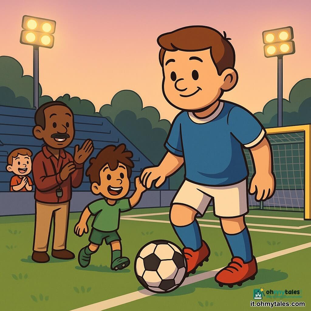 Luca, uomo sorridente e sicuro, capelli corti castani, maglia blu, scivola dribblando dolcemente un pallone bianco e nero vicino alla linea del campo; a sinistra Marco, circa 10 anni, allegro con capelli spettinati e maglia verde, alza la mano per ricevere la palla; un allenatore quarantenne con baffetti, fischietto e applausi osserva dalla linea; sugli spalti un bimbo di circa 5 anni applaude sorridendo; campo da calcio all'aperto al crepuscolo, erba verde curata, linee bianche nette, pali e fari gialli che diffondono luce calda, cielo rosa pallido; atmosfera calma e cooperativa, colori vivaci, contrasti netti, texture lisce in cel-shading.