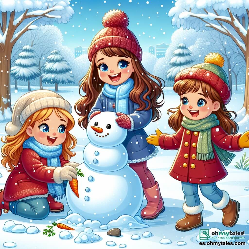 Tres niñas alegres, de aproximadamente 8 años, están en un parque nevado. Lucía, con largos cabellos castaños y una gran sonrisa, lleva un abrigo rojo brillante y un gorro a juego. Ella está en el centro, sosteniendo una zanahoria para la nariz de un muñeco de nieve. A su derecha, Sofía, con cabello rubio y rizado, viste un abrigo azul y guantes amarillos, riendo mientras lanza una bola de nieve. A la izquierda, Mariana, con cabello castaño y una bufanda verde, está agachada recogiendo piedras para los ojos del muñeco de nieve. El parque es un paisaje mágico, con árboles majestuosos cubiertos de una gruesa capa de nieve brillante, y copos de nieve cayendo suavemente del cielo azul claro. El suelo es una alfombra blanca inmaculada, salpicada de huellas y risas de niños. Las niñas están construyendo un muñeco de nieve, riendo y divirtiéndose juntas, creando un momento de magia invernal, rodeadas de la belleza tranquila del invierno.
