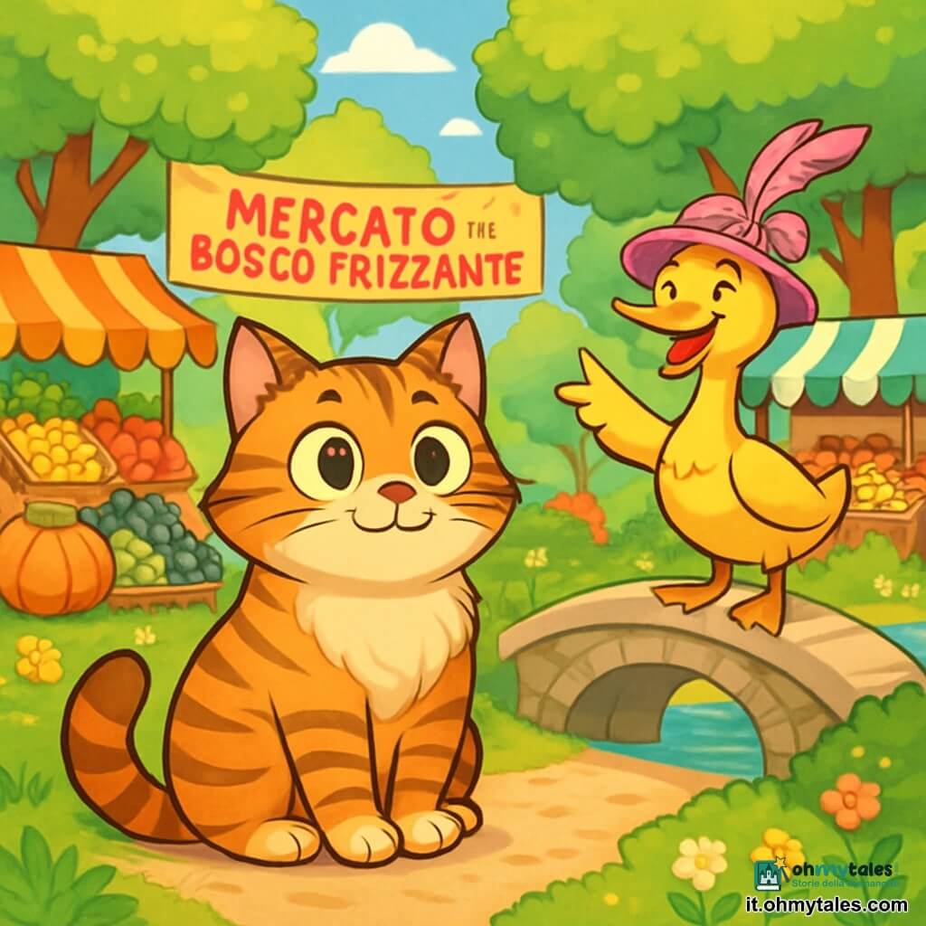 Un gatto dal pelo setoso e striato, chiamato Micio Panciapiena, con una grande pancia tonda e occhi scintillanti di curiosità, si trova al centro dell'immagine, con un'aria affamata e intrigata. Guarda intorno a sé, con la coda avvolta attorno alle zampe, mentre un leggero sorriso si disegna sul suo volto. Alla sua destra, la signora Anitra, un'elegante anatra femmina con piumaggio dorato e un cappello rosa decorato con piume, si trova su un piccolo ponte, ridendo gioiosamente e indicando il mercato. Sullo sfondo, il mercato del Bosco Frizzante è animato, con banchi colorati pieni di frutta, verdura e deliziose pasticcerie. La scena è illuminata dalla luce del sole, con alberi verdi e fiori brillanti tutt'intorno. Micio Panciapiena, affamato e curioso, si prepara a scegliere tra il mercato e la casa della volpe Zuccherella, attratto dal profumo invitante delle torte di pesce.