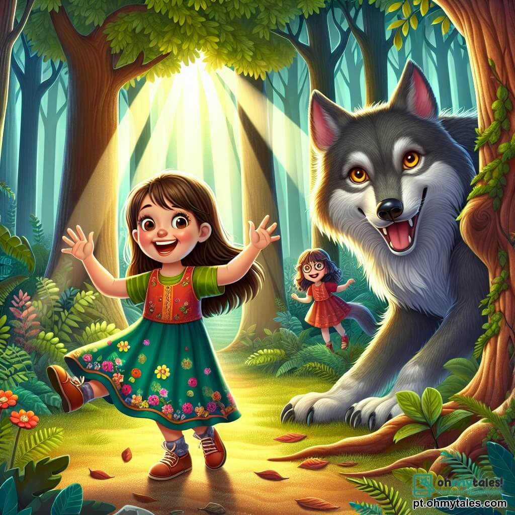 Uma menina de 4 anos, chamada Luna, com longos cabelos castanhos e olhos brilhantes de curiosidade, está alegremente no centro da cena. Ela usa um vestido colorido com padrões de flores e um grande sorriso no rosto, mostrando seu entusiasmo em explorar a floresta. Ao seu lado, o Grande Lobo Mau, um lobo majestoso com pelagem cinza e olhos dourados, está ligeiramente curvado, exibindo uma expressão amigável e curiosa, como se estivesse pronto para brincar. A cena ocorre em uma floresta mágica, cheia de árvores com troncos grossos e folhagens verdes, onde flores coloridas crescem em cada canto. Raios de sol passam pelas branches, iluminando o chão coberto de folhas. Luna e o Lobo se preparam para brincar de esconde-esconde, com Luna se escondendo atrás de uma grande árvore, enquanto o Lobo, com uma pata levantada, conta alegremente até vinte, criando uma atmosfera de camaradagem e magia nesta floresta encantada.