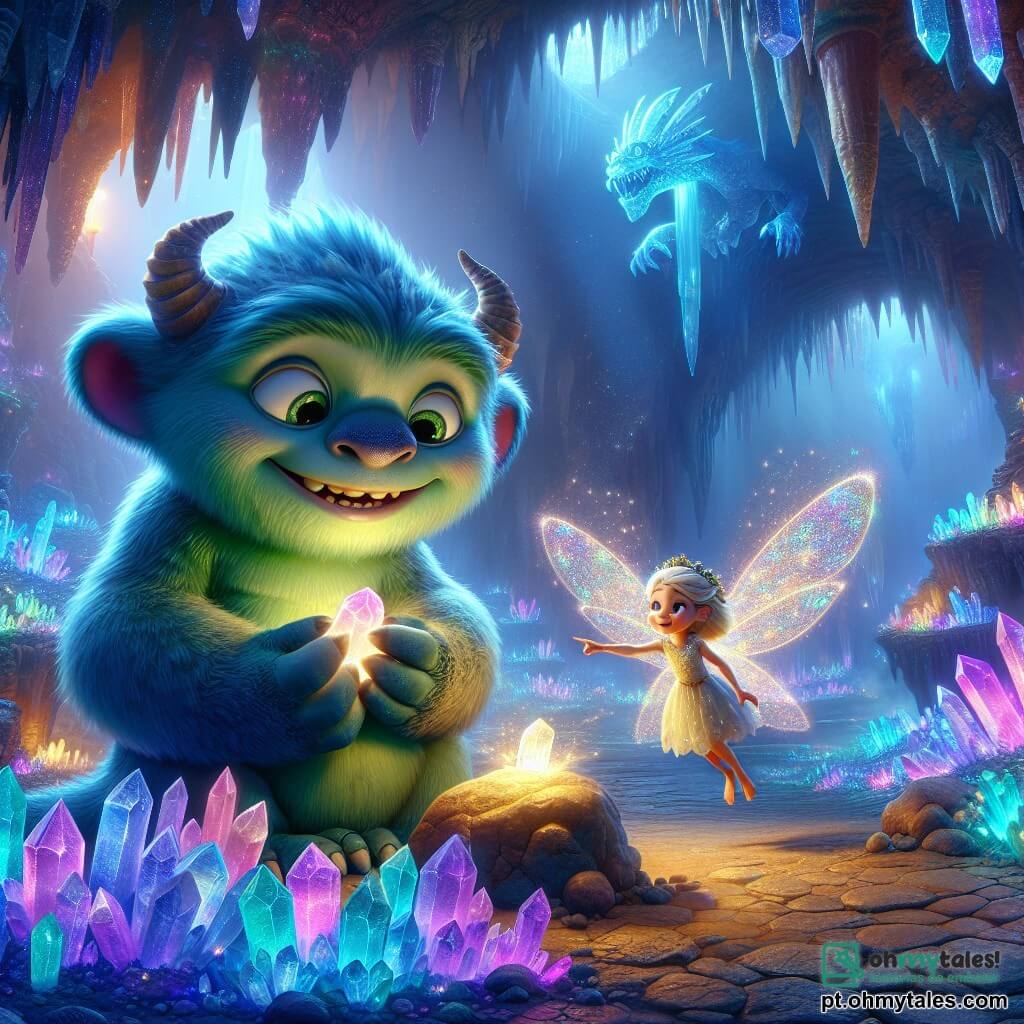 Em uma caverna mágica iluminada por cristais cintilantes, Ludo, um monstro amigável com pele verde suave e olhos redondos e brilhantes, está no centro, exibindo um grande sorriso de curiosidade e admiração. Ele segura uma pedra brilhante nas mãos, olhando com fascinação para o Dragão de Cristal. Ao seu lado, Anya, uma jovem fada de cabelos dourados e asas translucidas cintilantes, flutua alegremente, seus olhos brilhando de excitação. A caverna é vasta, com paredes cobertas de cristais coloridos, refletindo luz azul e roxa. Estalactites pendem do teto e uma suave névoa flutua no ar, criando uma atmosfera mágica. A cena principal mostra Ludo e Anya descobrindo o majestoso Dragão de Cristal, que repousa no centro da caverna, suas escamas brilhando como estrelas, enquanto os observa com uma expressão benevolente, pronto para compartilhar seu antigo segredo.