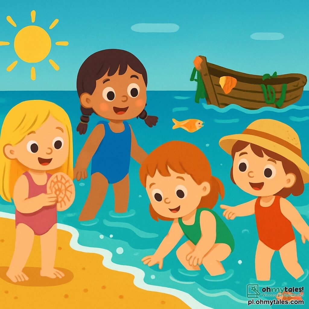 Na plaży jest cztery dzieci: Ola, Zosia, Maja i Ania, wszystkie mają trzy lata. Ola ma długie blond włosy, różowy strój kąpielowy i trzyma muszlę. Zosia ma brązowe włosy w warkoczykach, niebieski strój kąpielowy i zachwyca się dużą muszlą. Maja ma rude włosy, piegi, zielony strój kąpielowy i kuca, by dotknąć wody. Ania ma kasztanowe włosy, kapelusz słomkowy, uśmiecha się i wskazuje na starą łódź w oddali. Tło to słoneczna plaża z falami uderzającymi w złoty piasek oraz stara drewniana łódź pokryta muszlami i wodorostami. Dziewczynki trzymają się za ręce, z ekscytacją i ciekawością zbliżają się do tajemniczej łodzi, gotowe odkryć skarby ukryte pod wodą.