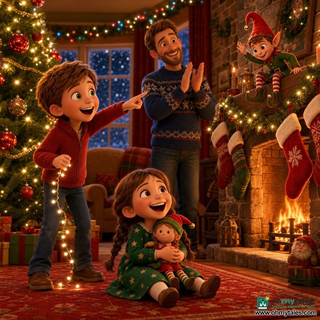 A warm Christmas living room scene: 10-year-old Noah, smiling and amazed, short light brown hair and bright green eyes, wearing a red wool jacket and jeans, points at Pip while holding a small string of lights; Mia, about 6, round cheeks and brown braids, in a green star-patterned dress, laughing and seated on the rug holding a doll with a tiny elf hat; the father, about 35 with light beard and a blue Christmas sweater, stands behind the sofa applauding toward the mantel; Pip the mischievous elf, about 25 cm tall, in a red pointed hat, green jacket with gold buttons and jingle-shoe, perched on the stone mantel with a raised hand and a proud, playful expression; polished wood floor, large red rug, decorated Christmas tree with red baubles and gold garlands to the left, stone fireplace with stockings, frosted windows showing falling snow, multicolored string lights everywhere; main moment: Pip announces he will be the "Keeper of the Lights," the family applauds and laughs, sparkling lights and a joyful, warm color palette of red, green and gold.