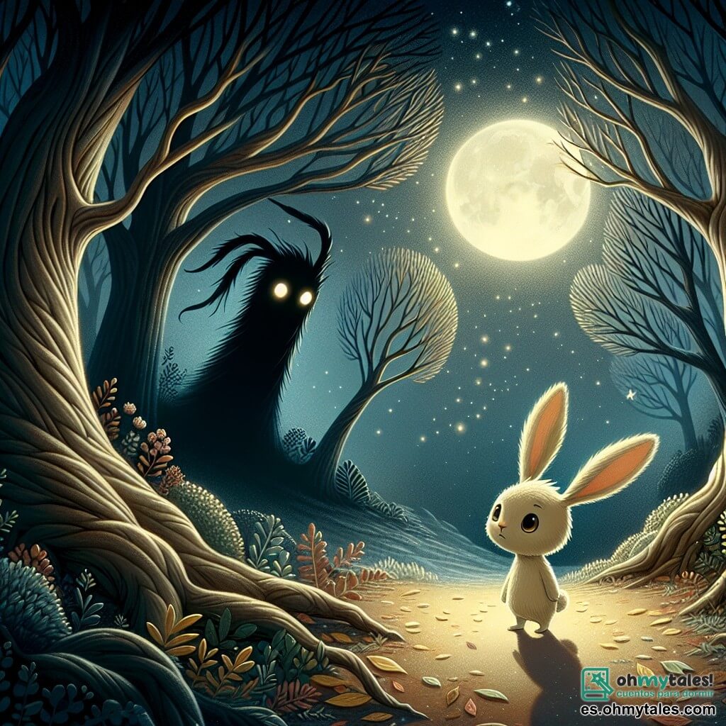 En un claroscuro misterioso, un pequeño conejo llamado Tobías, con un pelaje suave y sedoso de color crema, se encuentra en el centro de la escena, con sus grandes orejas erguidas y sus ojos desmesuradamente curiosos y valientes. Mira con determinación una sombra inquietante que se perfila ante él. Frente a él, Nox, el guardián de los miedos, aparece como una criatura alargada y oscura, con ojos brillantes como estrellas, emitiendo un resplandor melancólico. Nox parece sorprendido, su forma vacilante traiciona una emoción de vulnerabilidad, mientras se mantiene ligeramente al margen, como si dudara en avanzar. El lugar es un claro del bosque, bañado por la luz plateada de la luna, rodeado de árboles de troncos nudosos y ramas torcidas, creando una atmósfera mágica y inquietante. Las sombras bailan en el suelo y las hojas caen suavemente, añadiendo un toque de misterio al entorno. La situación principal muestra a Tobías, el pequeño conejo, enfrentándose a Nox, el guardián de los miedos, listo para enfrentar sus temores con valentía, mientras la luz de la luna ilumina su confrontación, simbolizando la lucha entre la luz y la oscuridad.