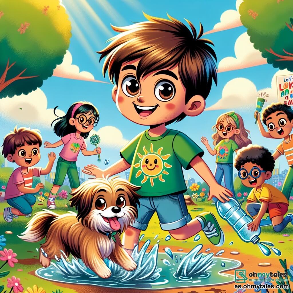 Un niño de 8 años, Tomás, con cabello castaño desordenado y ojos brillantes de curiosidad, está en el centro de la imagen, sonriendo con entusiasmo. Lleva una camiseta verde con un dibujo de sol y un short de mezclilla. A su lado, su fiel perra Galleta, un pequeño perro de pelaje dorado, salta alegremente en un charco de agua, salpicando gotas brillantes a su alrededor. Al fondo, una niña de 8 años, Lucía, con cabello largo y negro, observa sonriendo, sosteniendo un cartel colorido que dice "Cuidemos la Tierra". Junto a ella, un niño de 8 años, Mateo, con gafas y una camiseta azul, sostiene una botella de plástico para el reciclaje, destacando la importancia de proteger el medio ambiente. El lugar es un parque verde, con árboles majestuosos, flores coloridas y un cielo azul salpicado de nubes blancas. A lo lejos, se ven niños plantando árboles, creando un ambiente alegre y comprometido. La escena principal muestra a Tomás y sus amigos celebrando el regreso de los charcos después de tomar medidas para salvar el planeta, llenos de energía y determinación, listos para compartir su mensaje de protección del medio ambiente con el mundo.