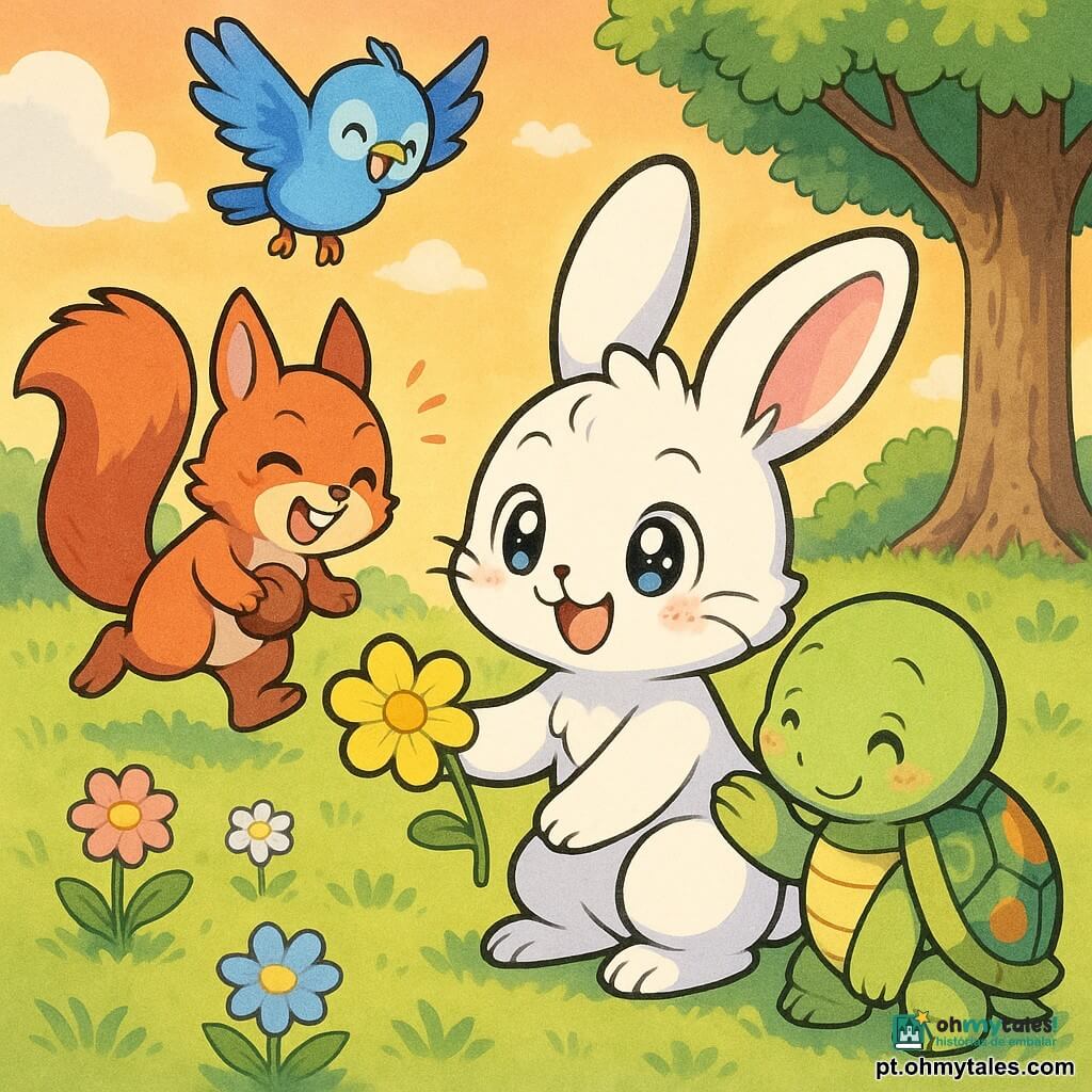 Um coelhinho branco chamado Tico, olhos grandes e brilhantes, sorri ao oferecer uma flor amarela sentado nas patas traseiras; a tartaruga verde Tina, carapaça arredondada com padrões coloridos, olha timidamente e feliz com uma pata na flor; a esquila ruiva Sara, cauda fofa, ri segurando uma avelã à esquerda do coelho; o passarinho azul Pedro voa por cima, asas abertas; tudo numa clareira ensolarada com grama e flores, um carvalho à direita e céu de pôr do sol, mostrando amizade e inclusão enquanto se reúnem em círculo.