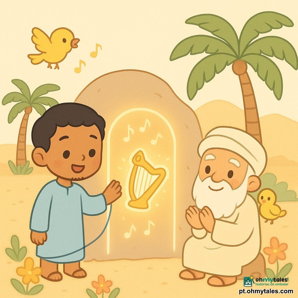 Samir, sorridente e maravilhado, pele bronzeada, cabelo preto curto e pequena barba, veste uma túnica azul-céu, segura um fio azul e passa a palma da mão por uma porta desenhada em luz que se abre revelando uma pequena harpa dourada rodeada de notas musicais em forma de pétalas; um velho de cerca de 70 anos, de longa barba branca e olhos vivazes, sentado à sombra de uma tamareira, aplaude suavemente com um pequeno pássaro dourado no ombro direito; outro pássaro dourado, do tamanho da mão de uma criança, voa perto da porta e canta notas visíveis como pequenas estrelas douradas; o cenário é um oásis ao pôr do sol com palmeiras verdes, dunas de areia dourada, uma grande pedra lisa no centro com o desenho da porta em linhas de luz creme e ouro e flores coloridas no chão, atmosfera suave, luminosa e cheia de admiração.