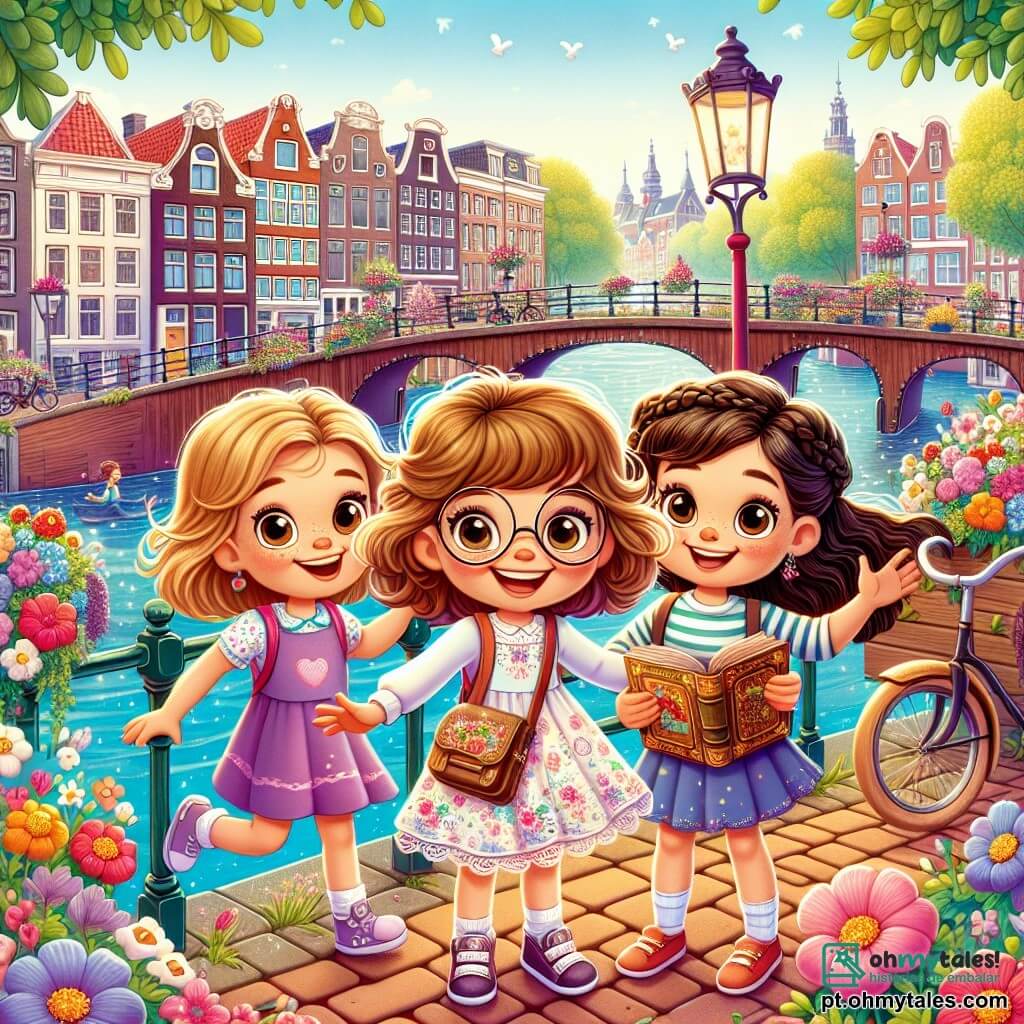Três meninas, Sofia, Clara e Ana, estão felizes em uma linda passarela de madeira, cercadas por flores coloridas. Sofia, uma menina de 8 anos com cabelos castanhos e óculos redondos, sorri amplamente segurando um livro antigo. À sua direita, Clara, uma menina de 7 anos com cabelos cacheados e um vestido rosa, pula de excitação com os braços levantados. À esquerda, Ana, uma menina de 9 anos com cabelos negros trançados e uma camisa listrada, observa ao redor com olhos maravilhados, pronta para explorar. O local é uma charmosa passarela de Amsterdã, decorada com flores vibrantes e com um canal brilhante ao fundo, cercado por casas coloridas. Bicicletas passam lentamente pela rua de paralelepípedos, contribuindo para a atmosfera animada. A cena principal mostra as três amigas descobrindo a passarela mágica, onde encontraram um tesouro de amizade e alegria, prontas para viver uma aventura inesquecível juntas.