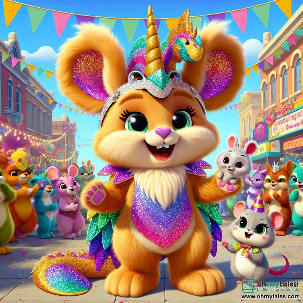 Benny the rabbit, with his soft, silky caramel-colored fur, wears a dazzling dragon-unicorn-pirate costume sparkling with multicolored glitter. He has a big joyful smile, his eyes sparkling with excitement as he dances in the crowd. Molly the mouse, small and delicate with light gray fur, is perched on Benny's shoulder, her eyes shining with happiness. She wears a small paper party hat and claps enthusiastically, adding to the festive energy of the scene. The location is a lively square in Furryville, adorned with colorful garlands and stalls overflowing with sweet treats. Balloons float in the blue sky, and critters of all kinds gather around a stage decorated with vibrant flowers. The main scene shows Benny and Molly dancing joyfully, surrounded by costumed critters, celebrating together at the Critters Carnival, with laughter and bright colors illuminating the festive atmosphere.