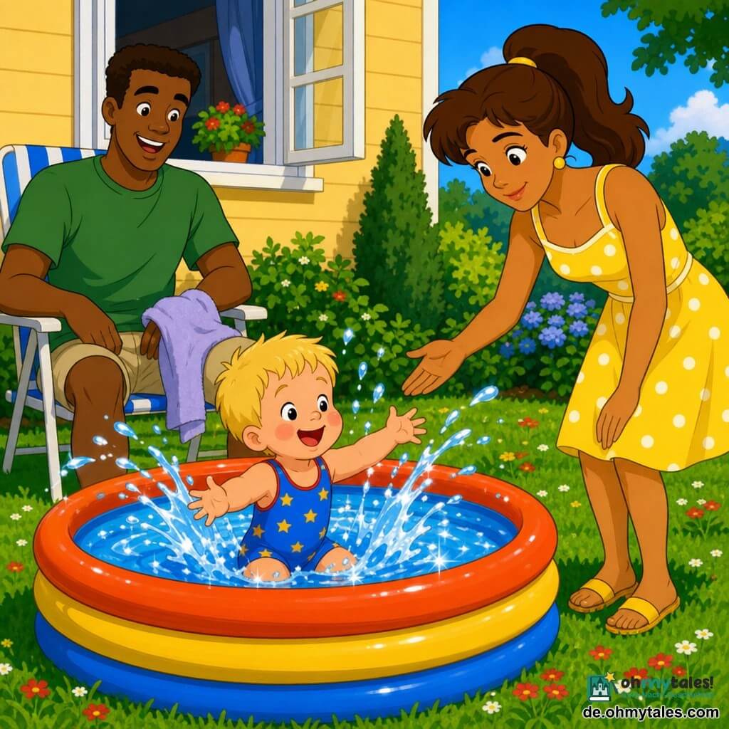 Der zweijährige Ben, lachend mit kurzen blonden Haaren und blauem Badeanzug mit kleinen Sternen, platscht im aufblasbaren Planschbecken, glitzernde Spritzer und Sonnenreflexe auf dem Wasser; neben dem Becken steht die Mutter (ca. 30) mit kastanienbraunem Pferdeschwanz und gelbem Sommerkleid mit weißen Punkten, die schützend die Hand ausstreckt, hinter dem Becken sitzt der Vater (ca. 35) mit kurzen braunen Haaren, grünem T‑Shirt und beigen Shorts auf einem Gartenstuhl, lächelnd mit einem Handtuch auf den Knien; heller Garten mit kurz gemähtem Rasen, roten und weißen Blumen, einem Holztisch mit einer Schale roter Erdbeeren und einem großen Blumentopf sowie einem hellgelben Haus mit offenem Fenster; sommerliche, sichere Atmosphäre, lebhafte Farben, weiche Konturen, 90er‑Cartoonstil, Komposition zentriert auf Becken und Familientaten.