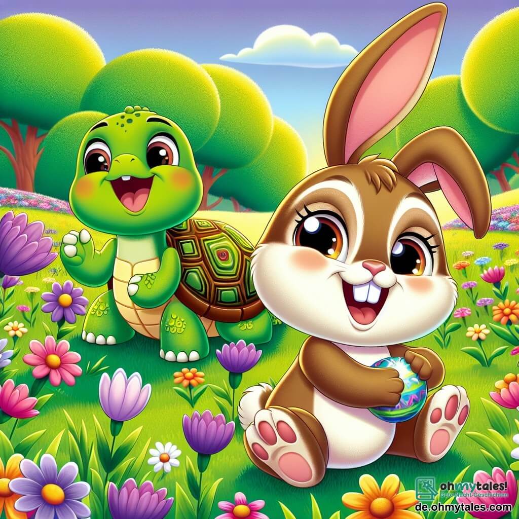 Hopsi, ein kleiner Hase mit großen Ohren und weichem, braunem Fell, lacht herzhaft in einem bunten Blumenfeld. Seine Augen strahlen vor Freude, während er einen glänzenden Spielball zwischen seinen Pfoten hält. Neben ihm lächelt Bella, eine fröhliche grüne Schildkröte mit einem bunten Panzer, und hebt ihre kleinen Vorderbeine, als wolle sie applaudieren. Lenny, ein schelmischer, leuchtend grüner Leguan, steht etwas abseits, lacht und zeigt auf eine Blume, die im Wind tanzt, seine Augen glänzen vor Vergnügen. Der Ort ist ein wunderschönes, sonniges Feld, übersät mit Blumen in allen Farben – rosa, gelb, lila und blau – die sanft im Wind wiegen. Im Hintergrund sieht man majestätische Bäume, die dem fröhlichen Bild einen Hauch von Grün verleihen. Die Hauptsituation zeigt Hopsi und seine Freunde, die gemeinsam Spaß haben, lachen und glückliche Momente teilen, während sie sich darauf vorbereiten, mit ihrem Ball in dieser zauberhaften Umgebung zu spielen.