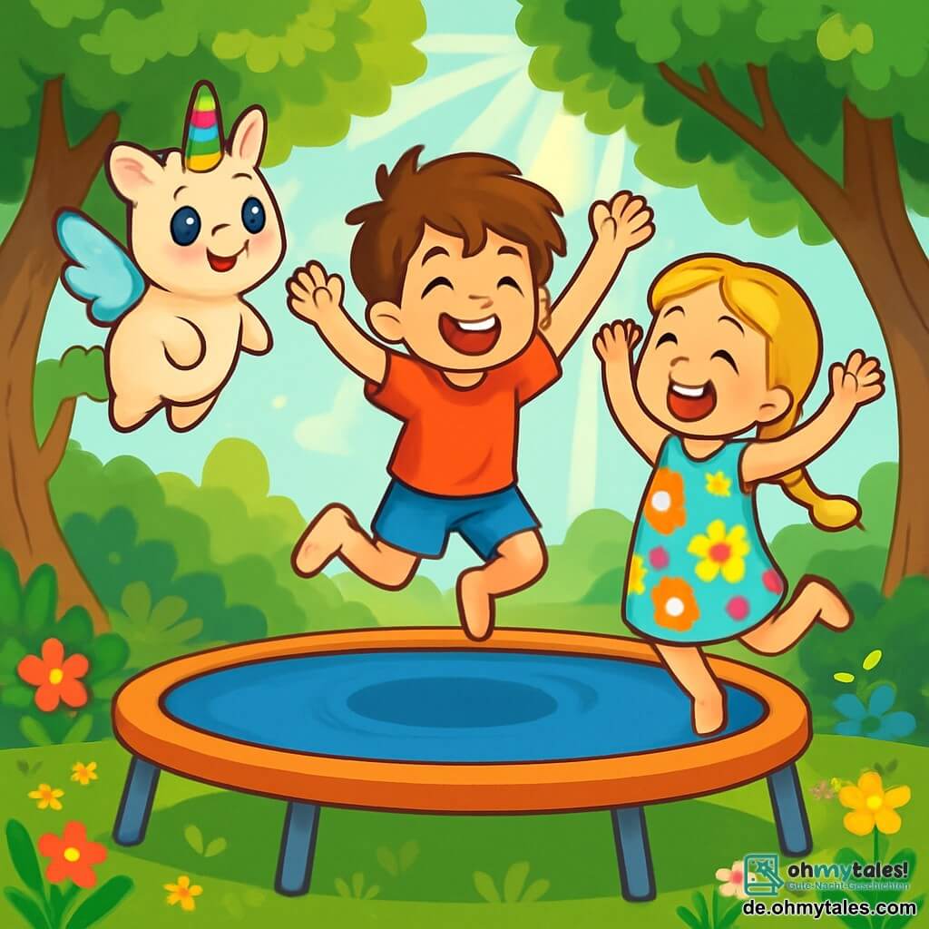 In der Mitte des Bildes springt ein Junge mit zerzausten braunen Haaren, der ein rotes T-Shirt und eine blaue Shorts trägt, fröhlich auf einem großen Trampolin, sein Gesicht strahlt vor Glück und Aufregung. Rechts von ihm lacht ein Mädchen mit geflochtenen blonden Haaren, das ein buntes Blumenkleid trägt, mit erhobenen Armen, während sie sich bereit macht, ebenfalls zu springen. Links schwebt ein kleines fantastisches Wesen, Fluffi, das wie eine Mischung aus einem Plüschbären und einem Einhorn aussieht, mit glitzernden Flügeln und funkelnden Augen, leicht über dem Trampolin. Die Szene spielt in einer sonnigen Lichtung, umgeben von hohen, knorrigen Bäumen mit leuchtend grünen Blättern, wo bunte Blumen den Boden bedecken. Im Hintergrund dringen Sonnenstrahlen durch die Äste und schaffen eine magische und fröhliche Atmosphäre. Die Kinder haben Spaß zusammen auf dem Trampolin, lachen und springen in die Luft und fangen den Geist eines abenteuerlichen Tages voller Lachen und Freundschaft ein.