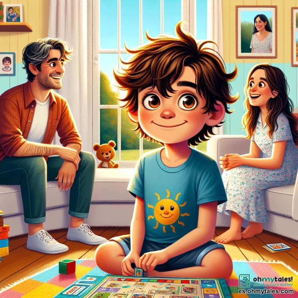 Un niño de 9 años, Santiago, con cabello castaño desordenado y ojos brillantes de curiosidad, está sentado en una alfombra colorida, con una sonrisa tímida en el rostro, sosteniendo un juego de mesa en sus manos. Lleva una camiseta azul con un diseño de sol y un pantalón corto de mezclilla. A su lado, su mamá, Elena, una mujer de treinta años con cabello largo y ondulado, vestida con un vestido floral, sonríe cálidamente mientras mira a su hijo, sentada en el sofá. Su papá, Javier, un hombre de treinta años con barba ligera y un suéter rojo, está de pie cerca de la ventana, observando la escena con una mirada comprensiva. La habitación es luminosa y acogedora, con paredes pintadas de amarillo pastel, fotos familiares colgadas y juguetes esparcidos por el suelo. Una gran ventana deja entrar la luz del sol, iluminando la atmósfera alegre. La situación principal muestra a Santiago, rodeado de sus padres, organizando una noche de juegos, llena de risas y complicidad, a pesar de la separación, ilustrando el amor y el apoyo familiar.