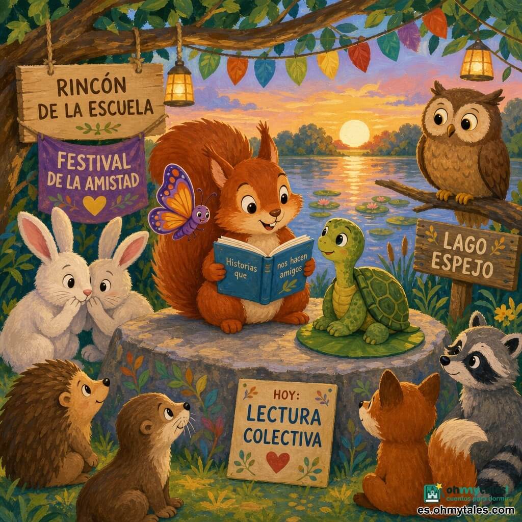 Una pequeña ardilla roja llamada Tito, alegre y concentrada, sentada en una gran roca plana junto a un lago con un libro azul abierto entre las patas y la cola esponjosa en arco; frente a él, una tortuga verde llamada Tom, tímida y feliz, sobre una hoja de nenúfar mirando el libro; una mariposa llamada Leila de alas violetas y naranjas revoloteando cerca del hombro de Tito; otros animales escolares —dos conejos blancos susurrando y un búho marrón posado en una rama— en semicírculo alrededor de la roca, en un rincón escolar al aire libre junto al "lago Espejo" con césped verde, nenúfares brillantes, guirnaldas de hojas y pequeñas linternas colgando, la gran roca pulida sirve de pupitre; lectura colectiva durante un pequeño festival escolar, ambiente cálido, colores pastel estilo gouache, texturas de pincel visibles y luz suave del atardecer reflejándose en el agua.