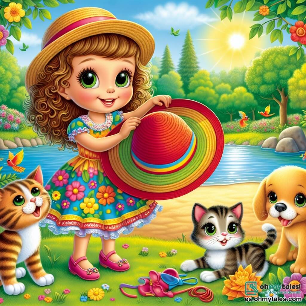 Una niña de 4 años, llamada Luna, con grandes ojos brillantes y cabello rizado, lleva un vestido colorido y un sombrero de paja. Sonríe con asombro mientras sostiene un sombrero rojo en sus manos, al borde de un lago. A su lado, Leo, un gato travieso de 3 años con pelaje rayado y ojos verdes, observa curiosamente el sombrero. Pipa, una perrita de 2 años con pelaje dorado y orejas caídas, se sienta alegremente moviendo la cola, lista para explorar. El escenario es un parque soleado con árboles verdes, flores coloridas y un lago brillante bajo el sol, mientras los pájaros cantan en las ramas, añadiendo un toque de magia al entorno. La escena principal muestra a Luna, Leo y Pipa descubriendo el sombrero rojo perdido, rodeados de la belleza de la naturaleza, listos para resolver el misterio de su propietario.