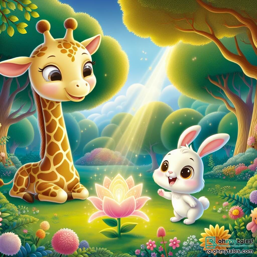 O girafă numită Gigi, cu un gât lung și elegant și pete aurii pe blana sa, stă veselă în mijlocul scenei, cu ochii mari strălucind de curiozitate și excitație. Lângă ea, un iepuraș pe nume Roco, cu blană albă și moale, sări de bucurie, zâmbetul său radiant iluminându-i fața. Decorul este o poiană minunată într-o pădure fermecată, înconjurată de copaci mari cu frunze verzi strălucitoare și flori colorate care dansează în vânt, în timp ce un raze blând de soare filtrează printre crengi. Gigi și Roco descoperă împreună o floare magică, "Floresia", care strălucește de o lumină orbitoare în mijlocul poienii, simbolizând prietenia și bucuria. Se află aproape de această floare, pregătiți să o admire, înconjurați de o atmosferă de fericire și uimire.