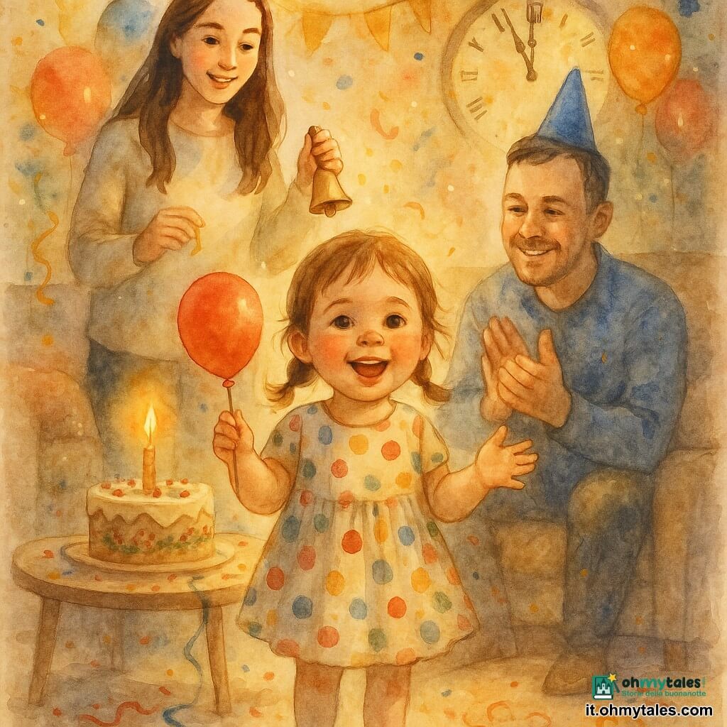 Bambina di 4 anni dal viso rotondo e guance rosate, capelli castano chiaro in due trecce, sorriso meravigliato e occhi luminosi, vestito a pois colorato, tiene un piccolo palloncino rosso e ripete entusiasta "Buon Anno"; la madre (30–35 anni) capelli lunghi castani, maglione crema, dietro a sinistra suona un piccolo campanello dorato e la guarda con orgoglio; il padre (30–35 anni) barba leggera, capelli corti, seduto a destra con un cappellino di carta blu applaude appoggiando la mano sulla spalla della bambina; salotto caldo e intimo con tappeto beige, ghirlande dorate e palloncini multicolori, grande orologio che segna quasi mezzanotte, tavolino con torta decorata e candela accesa, coriandoli e serpentini sul pavimento in legno, atmosfera festosa con luci calde e spruzzi acquerellati che suggeriscono gioia e confetti in volo.