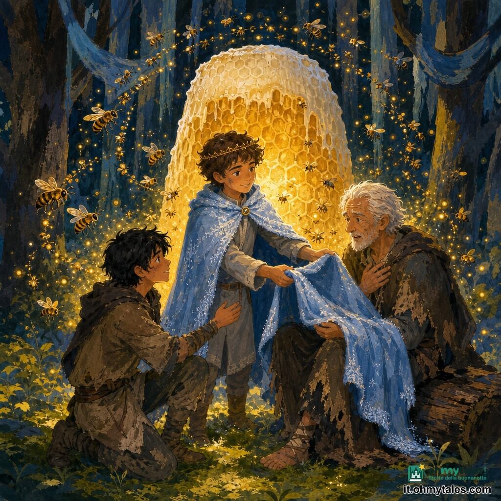 Principe Elio, circa 14 anni, volto aperto e deciso, capelli castani ricci, con corona sottile e mantello azzurro pallido, sorride e tende il mantello in gesto protettivo; Nerio, circa 15 anni, capelli neri arruffati, sguardo vulnerabile ma sollevato, abiti logori, riceve il calore del mantello in piedi accanto al principe con un ginocchio leggermente piegato; Omero, anziano di circa 70 anni, volto rugoso e occhi stanchi ma commossi, seduto su un tronco al centro, accetta il mantello sulle ginocchia; intorno, sciami di api dorate brillanti formano spirali di luce; ambientazione in una radura del Bosco delle Ombre Fresche con alti tronchi scuri, ombre blu-grigie pendenti, tappeto di muschio verde e un grande favo antico al centro che emette un bagliore caldo; scena intima e luminosa: il principe presta il mantello per riscaldare l'anziano del regno, le ombre si ritirano, composizione centrata, luci mielate calde in contrasto con i toni freddi del bosco, texture visibili e colori saturi.