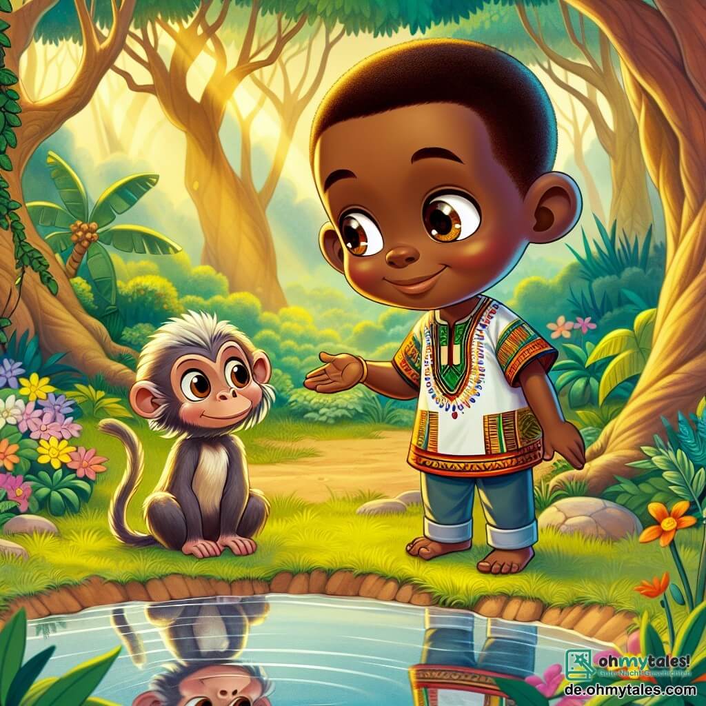 Kwame, ein etwa 10-jähriger afrikanischer Junge, steht am Ufer eines wunderschönen Teichs im Nyame-Wald. Er hat leuchtende, neugierige Augen, eine warme braune Haut und trägt ein buntes T-Shirt mit traditionellen Mustern. Sein Gesicht zeigt Staunen und Entschlossenheit, während er sein Spiegelbild im Wasser betrachtet und die Weisheit erkennt, die er in sich selbst gefunden hat. Neben ihm sitzt ein weiser alter Affe mit grauem Fell und schelmischen Augen auf einem niedrigen Ast. Er lächelt wohlwollend und beobachtet Kwame stolz, als wüsste er, dass der Junge etwas Wichtiges entdeckt hat. Die Umgebung ist ein herrlicher tropischer Wald mit majestätischen Bäumen, die dicke Stämme und leuchtend grüne Blätter haben, die das Sonnenlicht in sanfte goldene Strahlen filtern. Bunte Blumen bedecken den Boden, und Vögel mit lebhaftem Gefieder singen in den Ästen. Die Hauptsituation zeigt Kwame, der auf sein Spiegelbild im Teich schaut und erkennt, dass er die wahre Weisheit in sich selbst gefunden hat, während der Affe ihn mit einem Lächeln ermutigt und eine Atmosphäre von Magie und Entdeckung schafft.