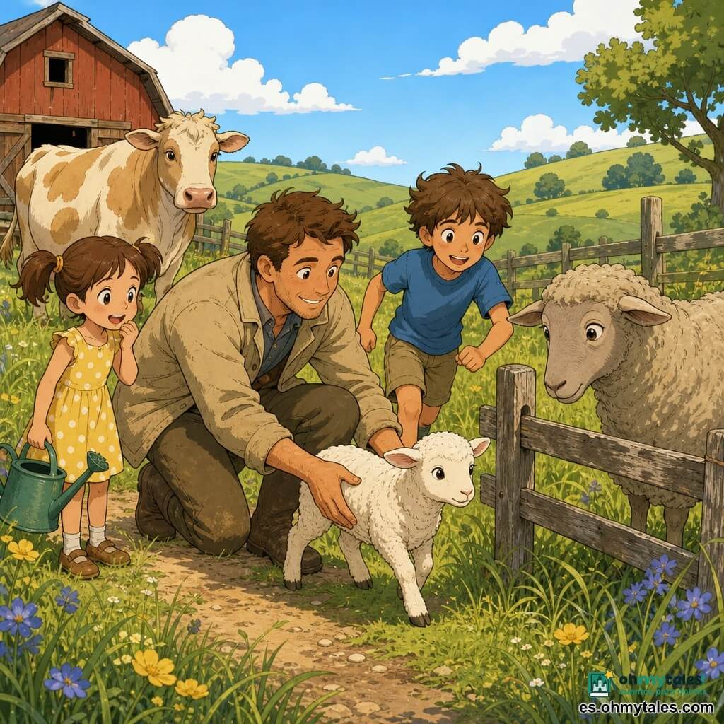 Un agricultor sonriente y tranquilo, piel bronceada, pelo castaño corto, chaqueta de lona beige algo polvorienta y botas de goma marrones, se arrodilla y extiende la mano para guiar suavemente a un pequeño cordero hacia su madre; a la izquierda, Clara, unos 6 años, pelo castaño en coletas y vestido amarillo de lunares, sostiene una regadera verde y mira asombrada; a la derecha, Leo, unos 10 años, pelo despeinado, camiseta azul y pantalón corto kaki, corre detrás del cordero listo para ayudar; detrás, una vaca grande blanca y beige llamada Brisa observa junto al granero rojo; el cordero blanco peludo se acerca a una oveja madre gris más allá de una valla baja de madera; escena en una pradera verde y soleada con hierba alta y flores silvestres, un camino de tierra y colinas suaves bajo un cielo azul con nubes, ambiente tierno, seguro y alegre, composición centrada y colores cálidos.