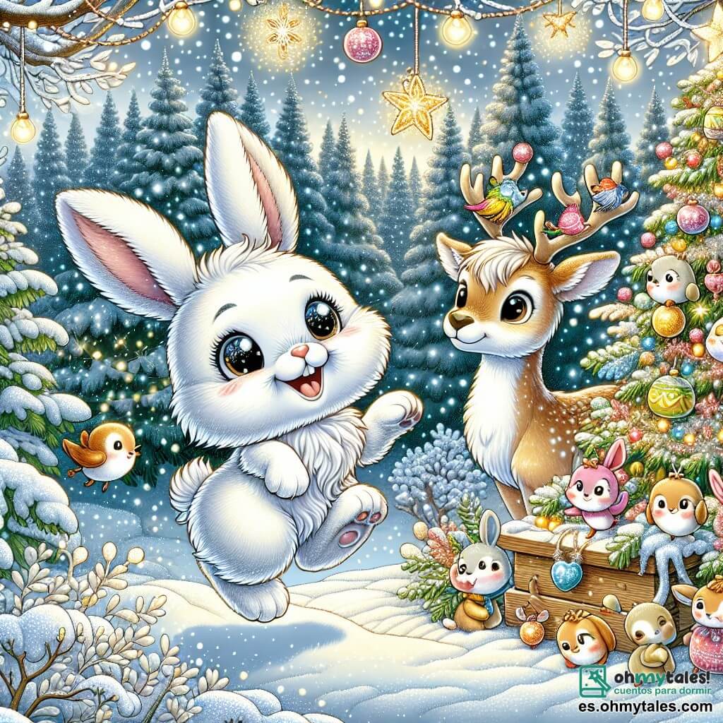 Ilustración que representa un pequeño conejo de grandes orejas y pelaje blanco, con ojos redondos y brillantes, que salta alegremente en la nieve, con una gran sonrisa en su rostro. Junto a él, un pequeño ciervo de pelaje marrón claro, con ojos suaves y curiosos, mira al conejo sonriendo, con sus pequeñas astas decoradas con guirnaldas de Navidad. Más lejos, un grupo de pequeños pájaros coloridos, posados en una rama, cantan alegremente, sus plumas brillantes añadiendo color a la escena. El lugar principal es un bosque encantado, donde los árboles están cubiertos de una gruesa capa de nieve brillante, y luces de Navidad brillan entre las ramas, creando una atmósfera mágica y festiva. La situación principal muestra al conejo y al ciervo bailando alegremente alrededor de un gran árbol de Navidad decorado, mientras los pájaros cantan y copos de nieve caen suavemente del cielo. Elementos gráficos adicionales incluyen estrellas doradas brillando en el cielo, guirnaldas luminosas colgadas de los árboles, y pasteles de Navidad coloridos sobre una pequeña mesa de madera al lado del árbol.