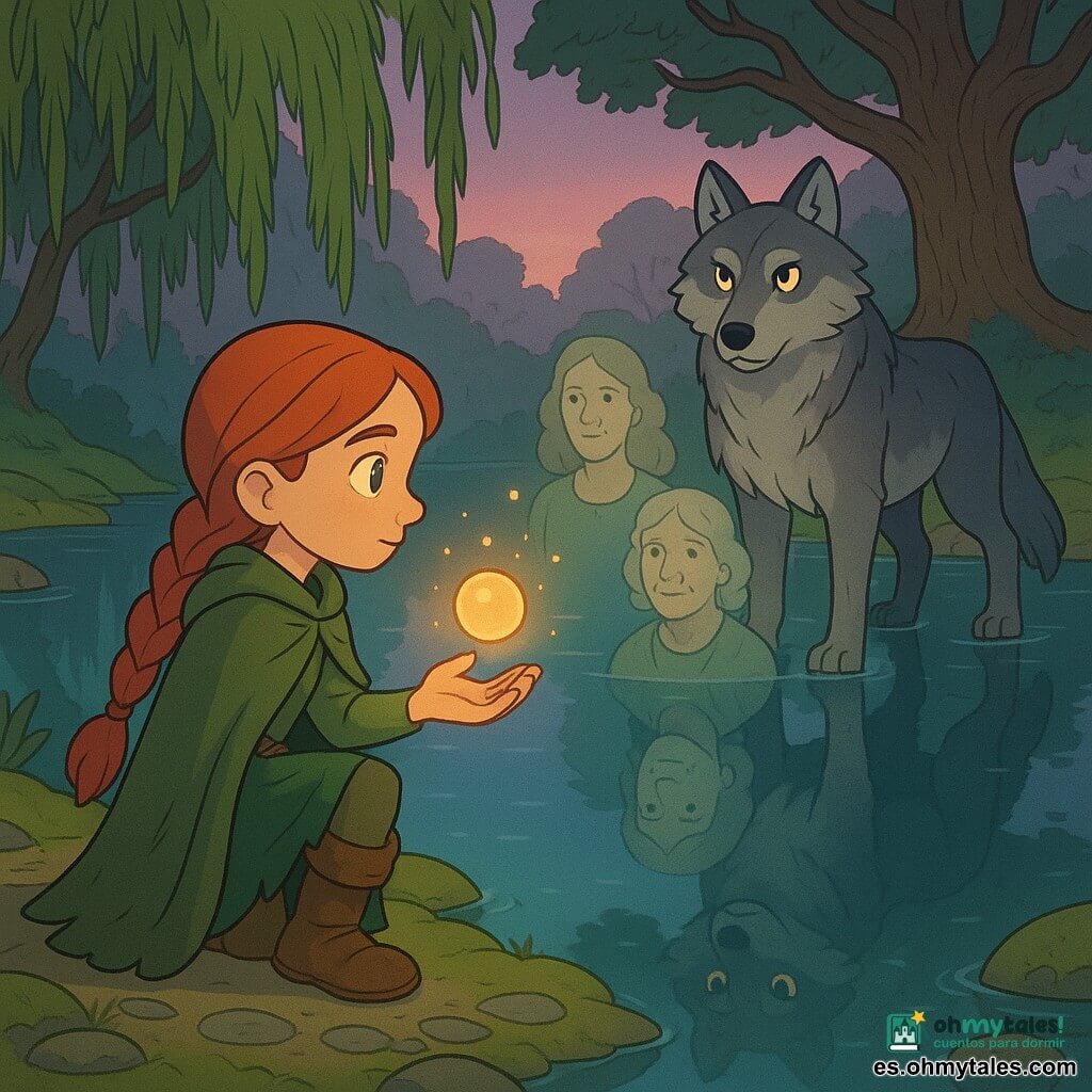 Niña principal: Niamh, expresión serena y resuelta, pelirroja con larga trenza, capa verde gastada y botas de cuero embarradas, arrodillada junto a una laguna brillante sosteniendo una pequeña esfera de luz dorada que flota sobre su palma. Personaje secundario no humano: guardián lobo, gran lobo de pelaje gris plateado y ojos ámbar, de pie en el agua en la orilla opuesta con actitud protectora y serena. Personajes secundarios humanos en reflejo: madre (unos 40 años) y abuela (unos 70 años), siluetas luminosas y translúcidas en el reflejo del agua, rostros benevolentes y algo difuminados detrás de Niamh. Lugar: laguna oculta rodeada de sauces llorones, agua azul cristalina, piedras con musgo y sendero de runas, un sauce inclinado y un antiguo roble al fondo, ligera niebla y cielo crepuscular violeta-rosado. Situación: despertar mágico — la esfera dorada se eleva de la mano de Niamh, partículas de luz disipan la niebla y los reflejos de las ancianas emergen de la superficie, atmósfera calmada, misteriosa y esperanzadora.