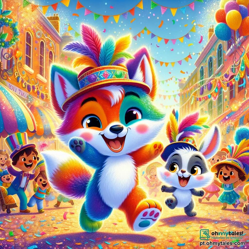 Um pequeno lobo chamado Lupi, com um pelo suave e colorido como um arco-íris, sorri alegremente enquanto caminha em um carnaval. Suas cores vibrantes, vermelho, laranja, amarelo, verde, azul e violeta, brilham ao sol. Ao seu lado, um coelhinho travesso chamado Beto, com grandes orelhas e um pelo branco brilhante, salta de alegria, seus olhos brilhando de excitação. Ele usa um pequeno chapéu festivo e agita confetes coloridos no ar. O cenário é uma rua animada, decorada com guirlandas coloridas, balões flutuantes e decorações cintilantes. Crianças riem e dançam ao redor, enquanto músicos tocam melodias alegres. A cena mostra Lupi e Beto desfilando juntos, cercados de risos e cores vibrantes, capturando o espírito alegre e festivo do carnaval.