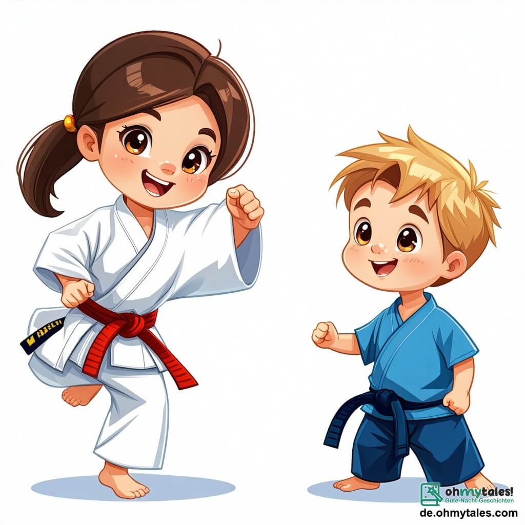 Ein 6-jähriges Mädchen, Mia, mit langen braunen Haaren und leuchtenden Augen steht in der Mitte des Bildes, lächelnd und voller Entschlossenheit, während sie einen Karate-Tritt ausführt. Sie trägt einen weißen Kimono mit einem roten Gürtel, der ihren Mut und ihren Willen zu lernen symbolisiert. Rechts von ihr ermutigt ein 7-jähriger Junge namens Tom mit zerzausten blonden Haaren und einem blauen T-Shirt sie mit einem breiten Lächeln, während er die Arme zur Unterstützung hebt. Links von ihr applaudiert ein weiteres Mädchen, Lila, 6 Jahre alt, mit schwarzen Haaren und einem kleinen Zopf, begeistert im rosa Kimono. Der Hintergrund zeigt einen hellen Karate-Raum mit grünen Matten, Spiegeln an den Wänden und Medaillen an einem Brett, was eine dynamische und motivierende Atmosphäre schafft. Die Hauptsituation zeigt Mia, die voller Vertrauen mit ihren Freunden trainiert und den Teamgeist sowie die Freude am gemeinsamen Sport verkörpert.