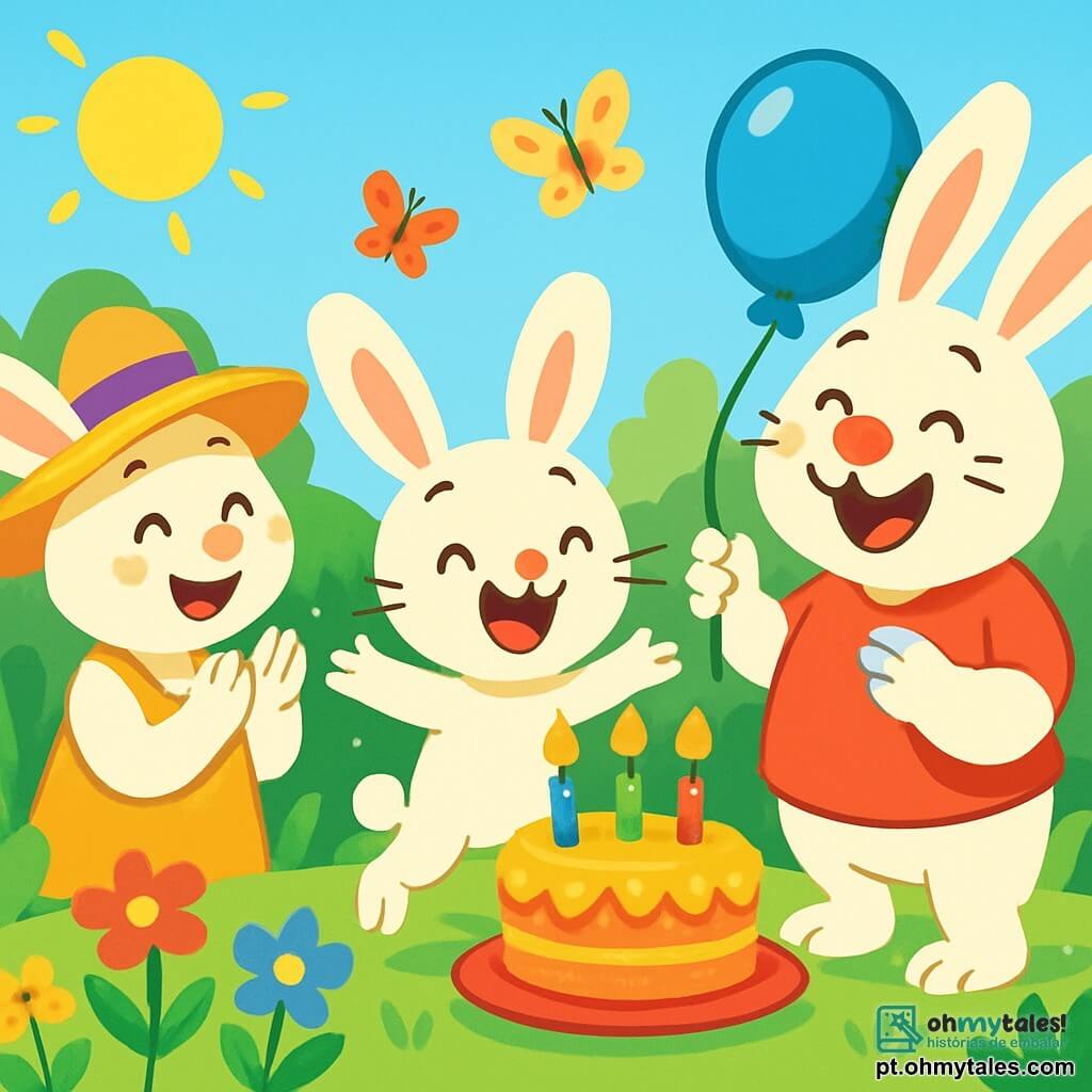 Um coelhinho branco com grandes orelhas, um sorriso radiante e olhos brilhantes de alegria, salta em um jardim ensolarado, cercado por flores coloridas e borboletas. Ao seu lado, uma mamãe coelha doce e afetuosa, com um bonito chapéu colorido, aplaude com um grande sorriso, enquanto o papai coelho, forte e alegre, segura um balão azul brilhante, rindo com orgulho. O jardim está cheio de flores vibrantes, folhas verdes e um céu azul claro, criando uma atmosfera festiva e alegre. A cena principal mostra o coelhinho celebrando seu aniversário, cercado por seus pais e amigos, prontos para cantar "Feliz Aniversário" diante de um delicioso bolo decorado com velas coloridas.